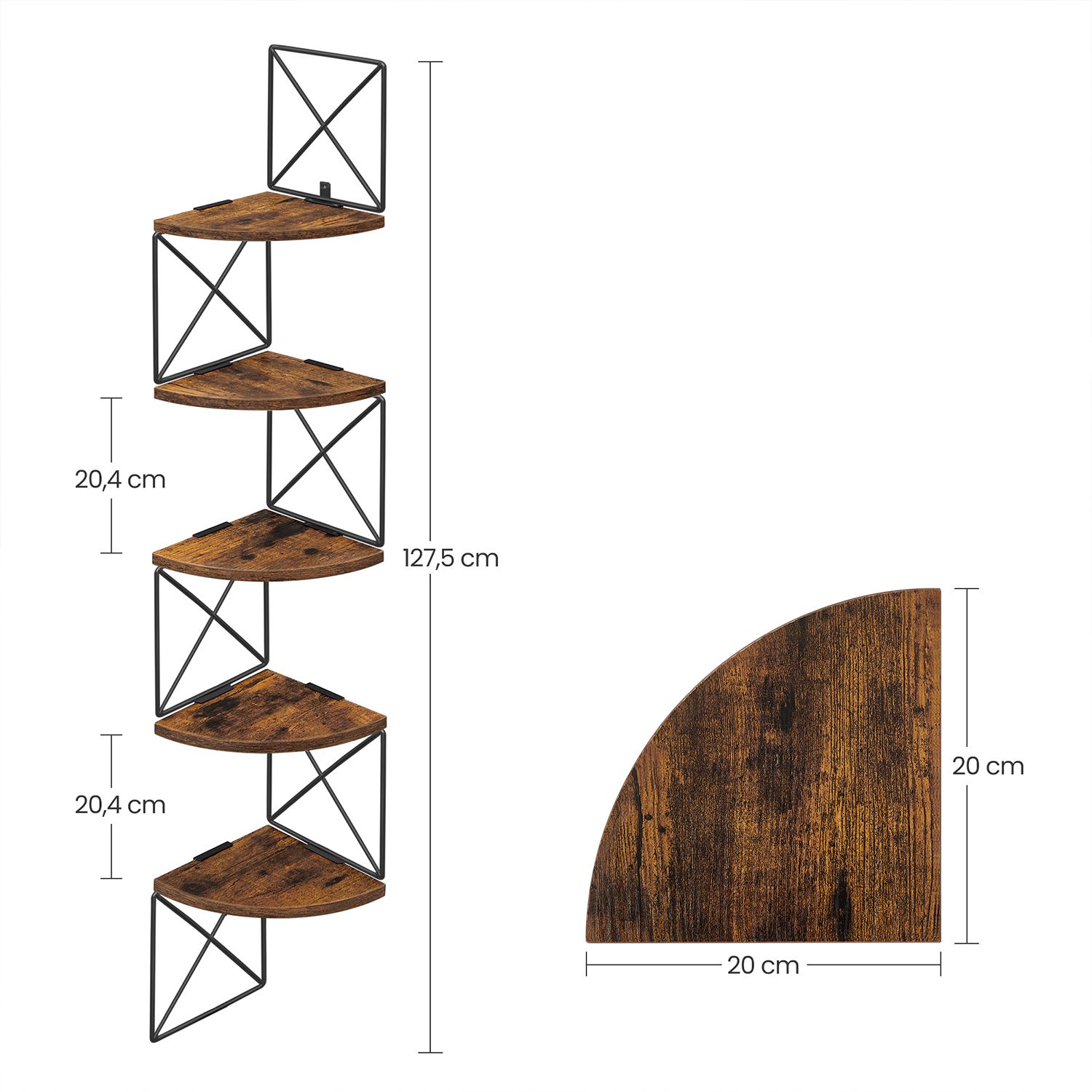Seinään kiinnitettävä kulmahylly, 5 tasoa, 20 x 20 x 127,5 cm, ruskea-musta - Image 7