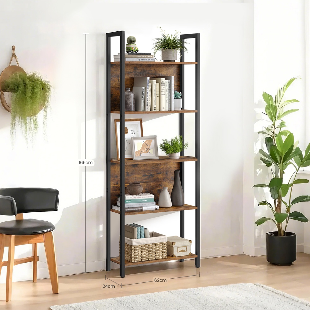 Grāmatu plaukts ar 5 atvērtiem plauktiem, 62 x 24 x 165 cm, brūni melns - Image 3