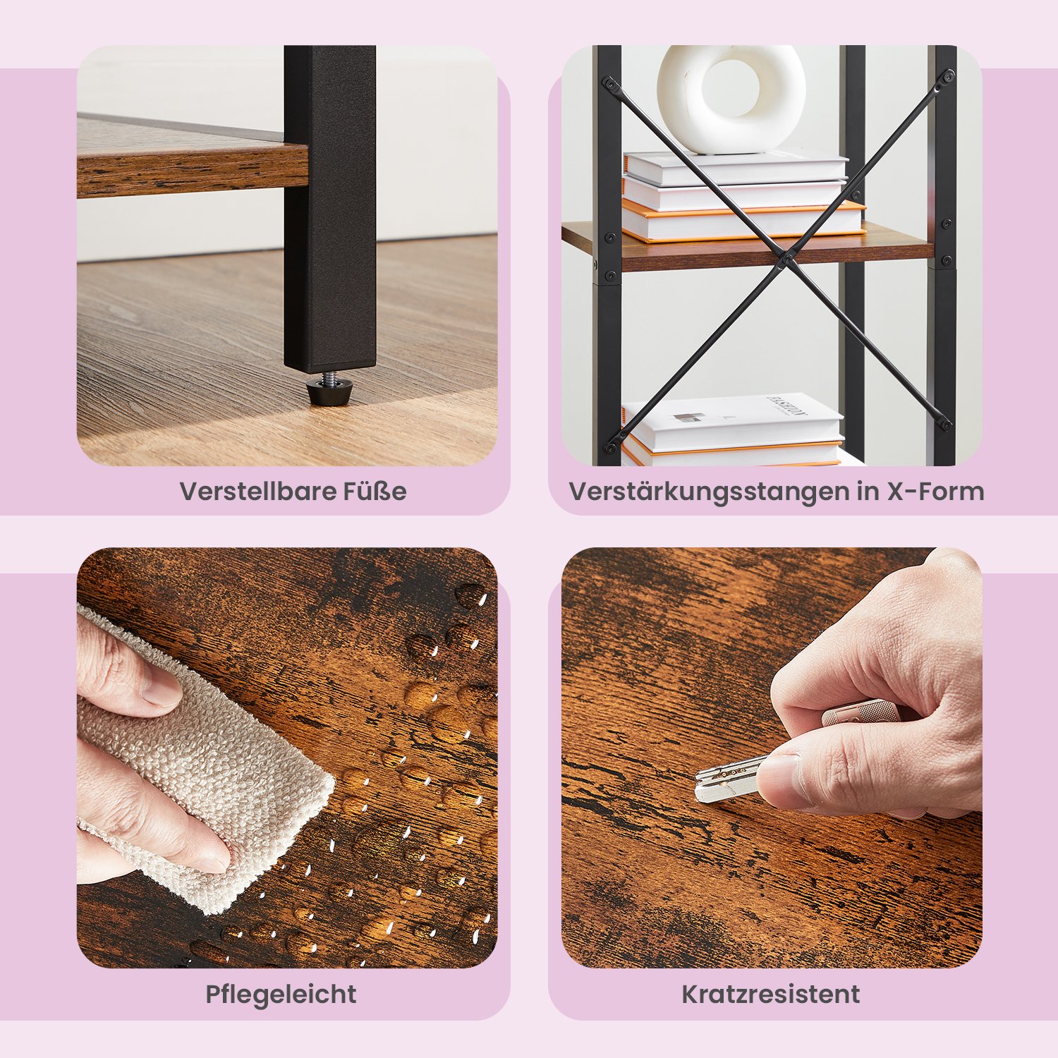 Knygų lentyna, 5 aukštų, pramoninio stiliaus, medžio drožlių plokštė ir plienas, ruda-juoda - Image 6