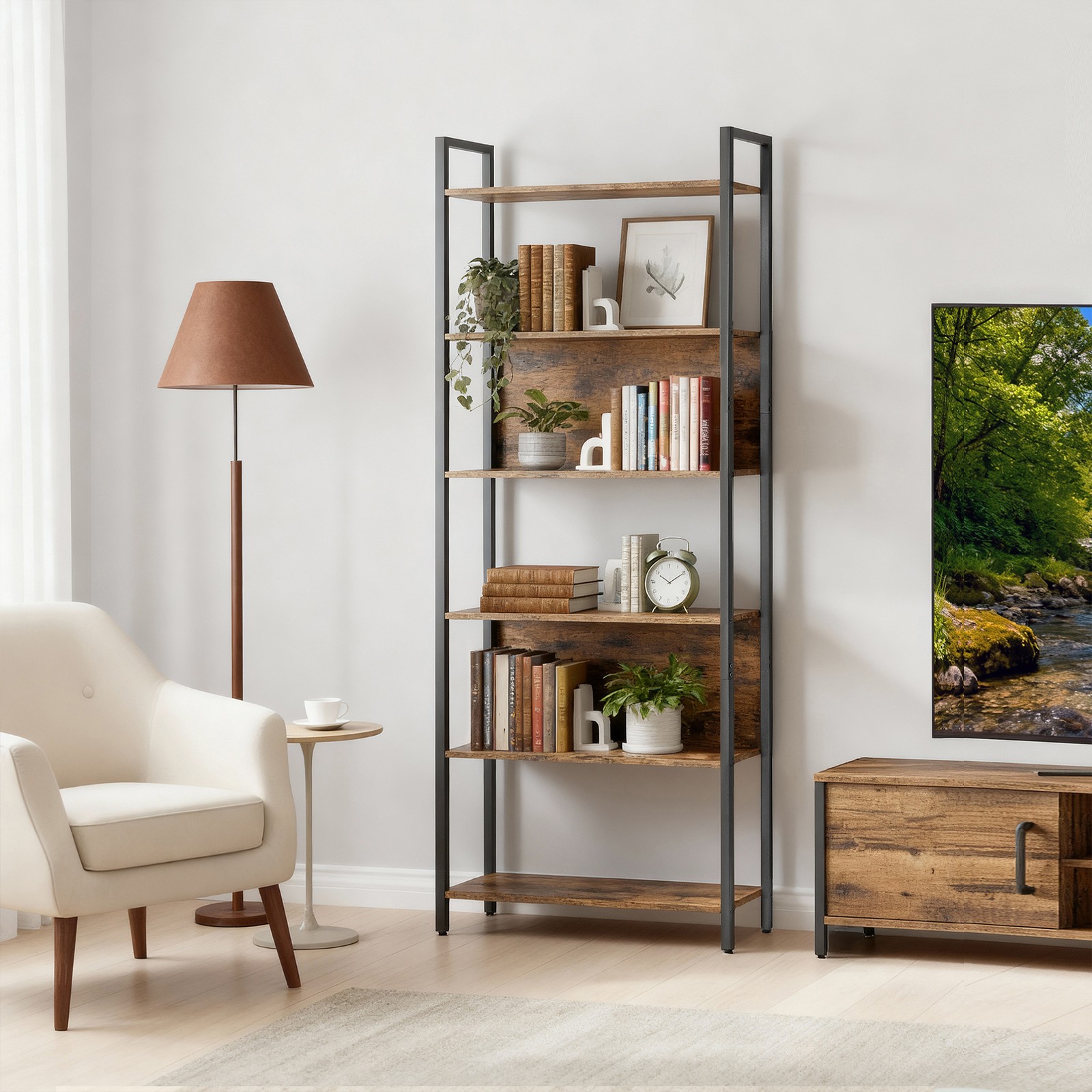 Kirjahylly 6 hyllytasolla, 60 x 24 x 186 cm, lastulevyä ja terästä - Image 5