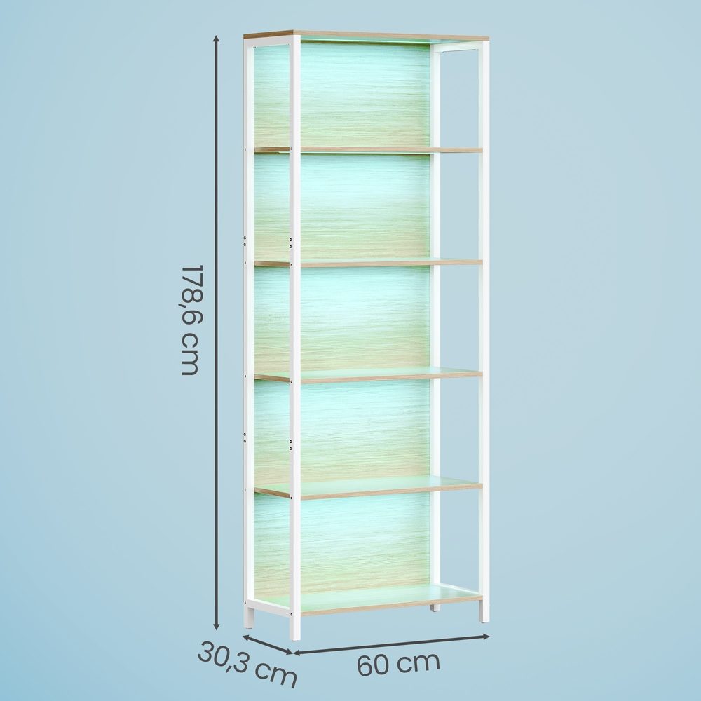 Kirjahylly 6 hyllytasolla ja LED-valaistuksella, teräs ja lastulevy, 30,3 x 60 x 178,6 cm - Image 3
