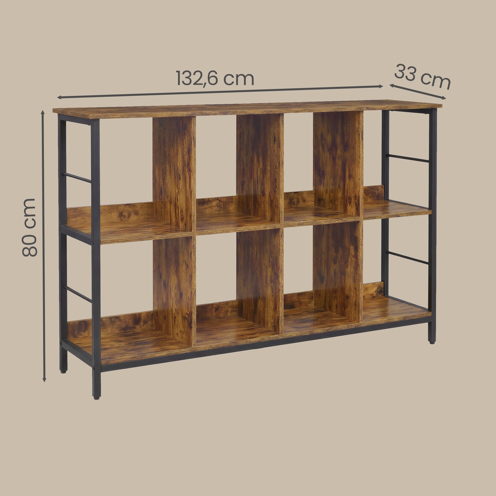 Grāmatu plaukts ar 8 nodalījumiem, 2 līmeņi, brūni melns, 33 x 132,6 x 80 cm - Image 3