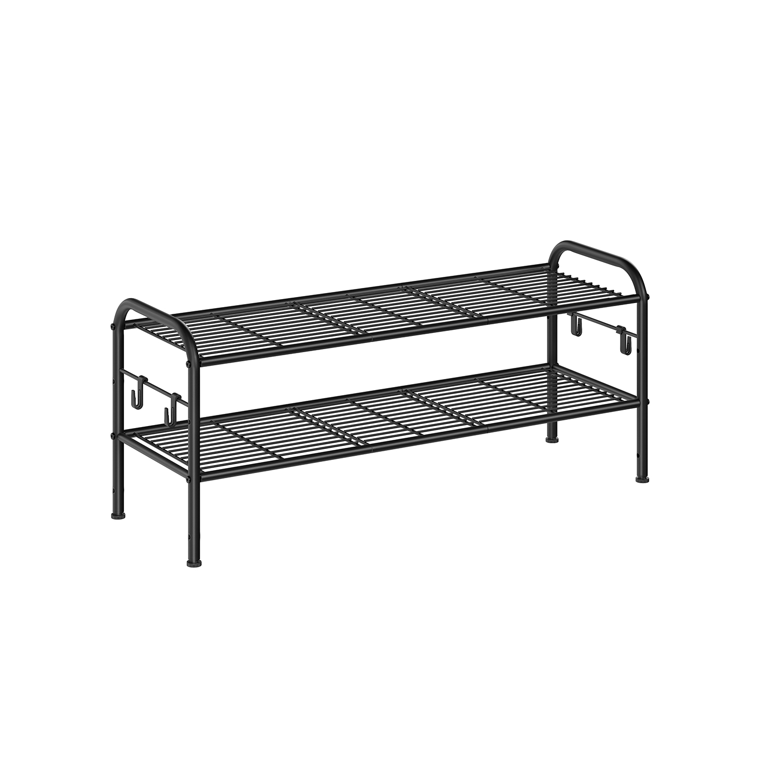 Jalatsiriiul 3 tasapinnaga, 2 võrkkorvriiuliga ja 4 konksuga, terasest, must, 28 x 85 x 35 cm