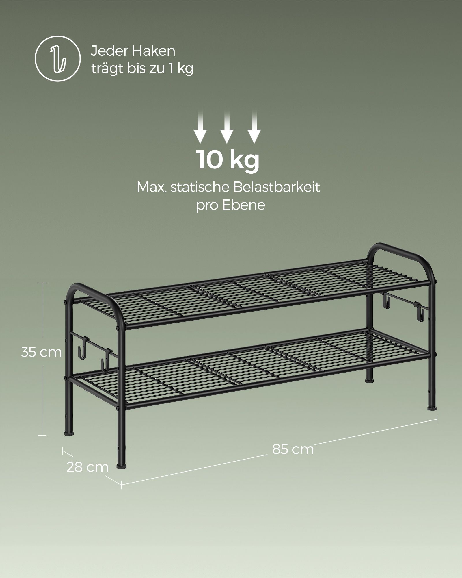 Apavu plaukts ar 3 līmeņiem, 2 sieta plauktiem un 4 āķiem, tērauda, melns, 28 x 85 x 35 cm - Image 6