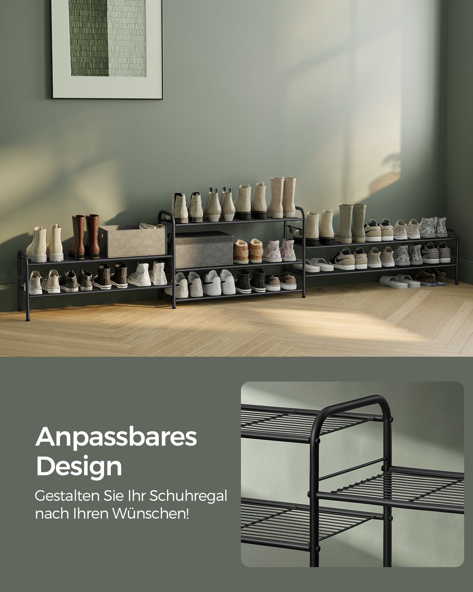 Apavu plaukts ar 3 līmeņiem, 2 sieta plauktiem un 4 āķiem, tērauda, melns, 28 x 85 x 35 cm - Image 8