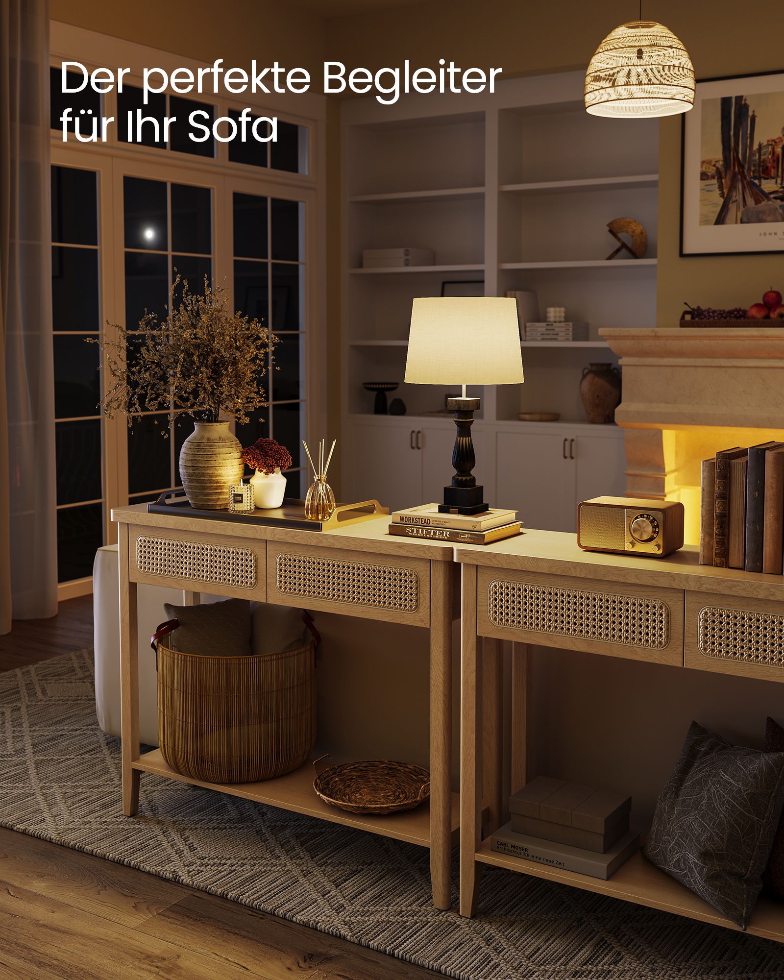 Konsolinis staliukas, 30 x 80 x 100 cm, 2 stalčiai, atvira lentyna, ąžuolo smėlio spalvos - Image 3