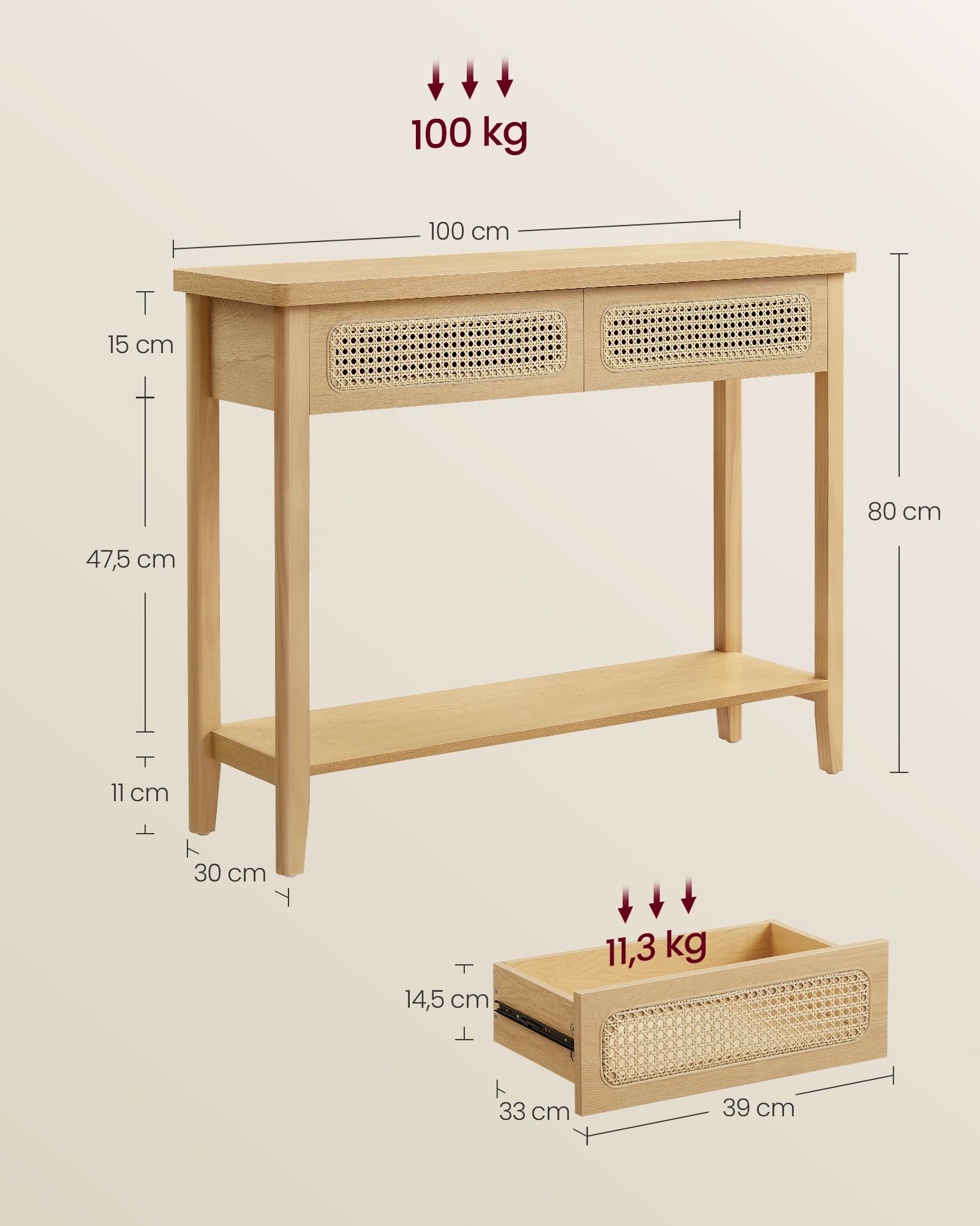 Konsolinis staliukas, 30 x 80 x 100 cm, 2 stalčiai, atvira lentyna, ąžuolo smėlio spalvos - Image 6