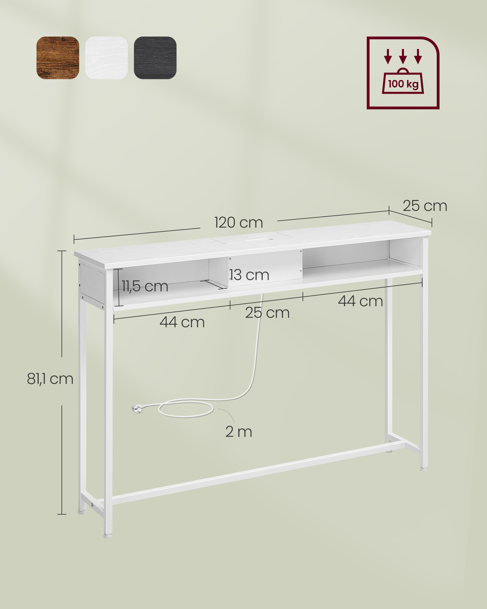 Konsolinis staliukas su lizdais, sniego baltumo, 25 x 120 x 81,1 cm, su 2 lentynomis - Image 6