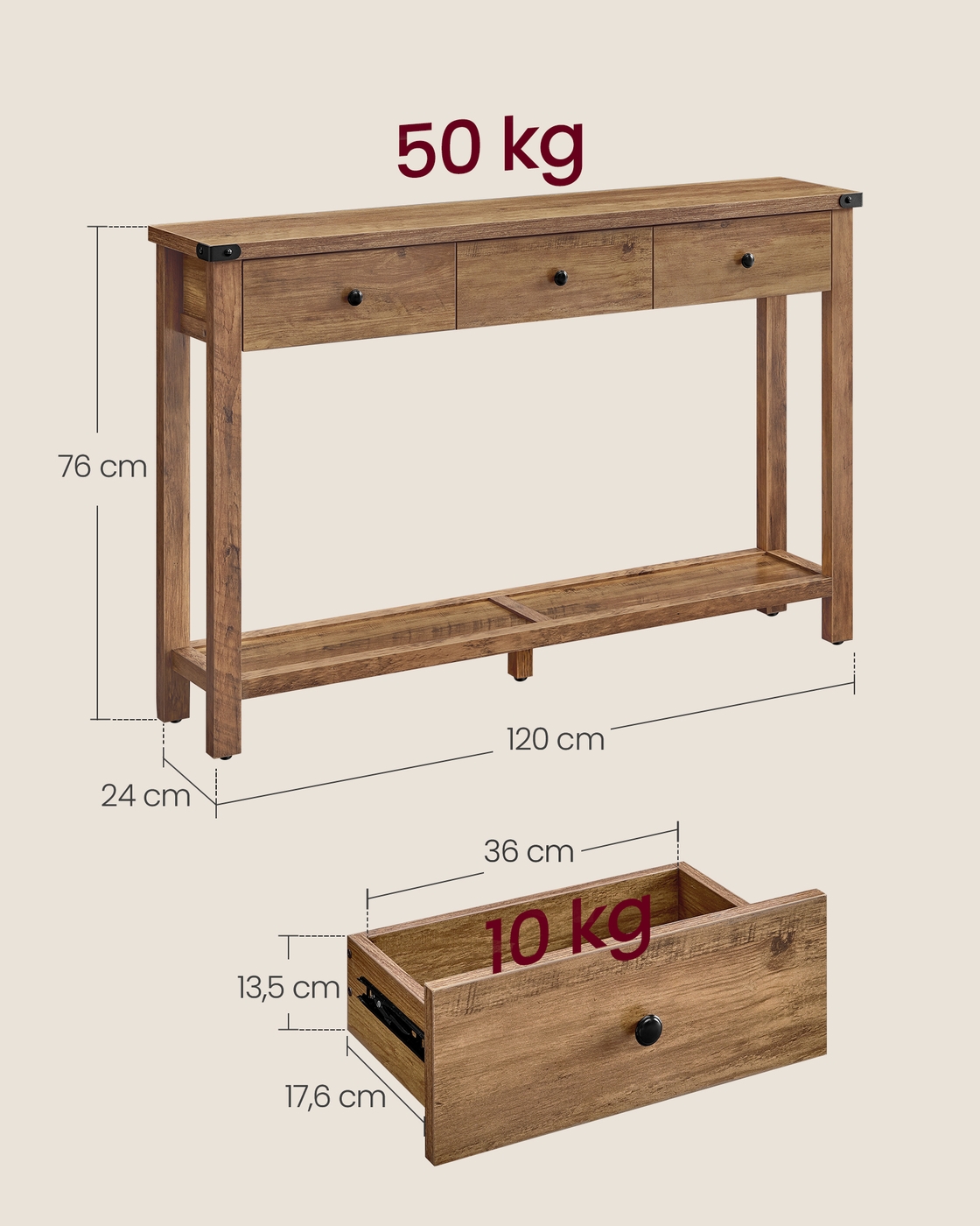 Konsolinis stalas prieškambariui su 3 stalčiais ir apatine lentyna, 24 x 120 x 76 cm, medaus rudas - Image 5