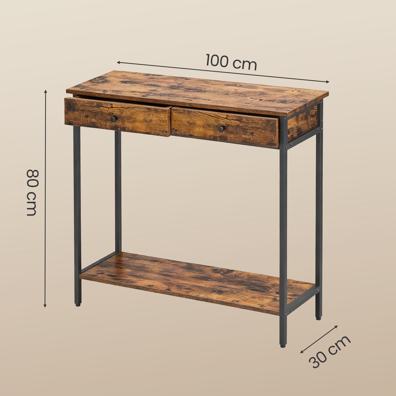 Konsolinis staliukas, 30 x 100 x 80 cm, su 2 stalčiais, medžio drožlių plokštė ir metalas - Image 3