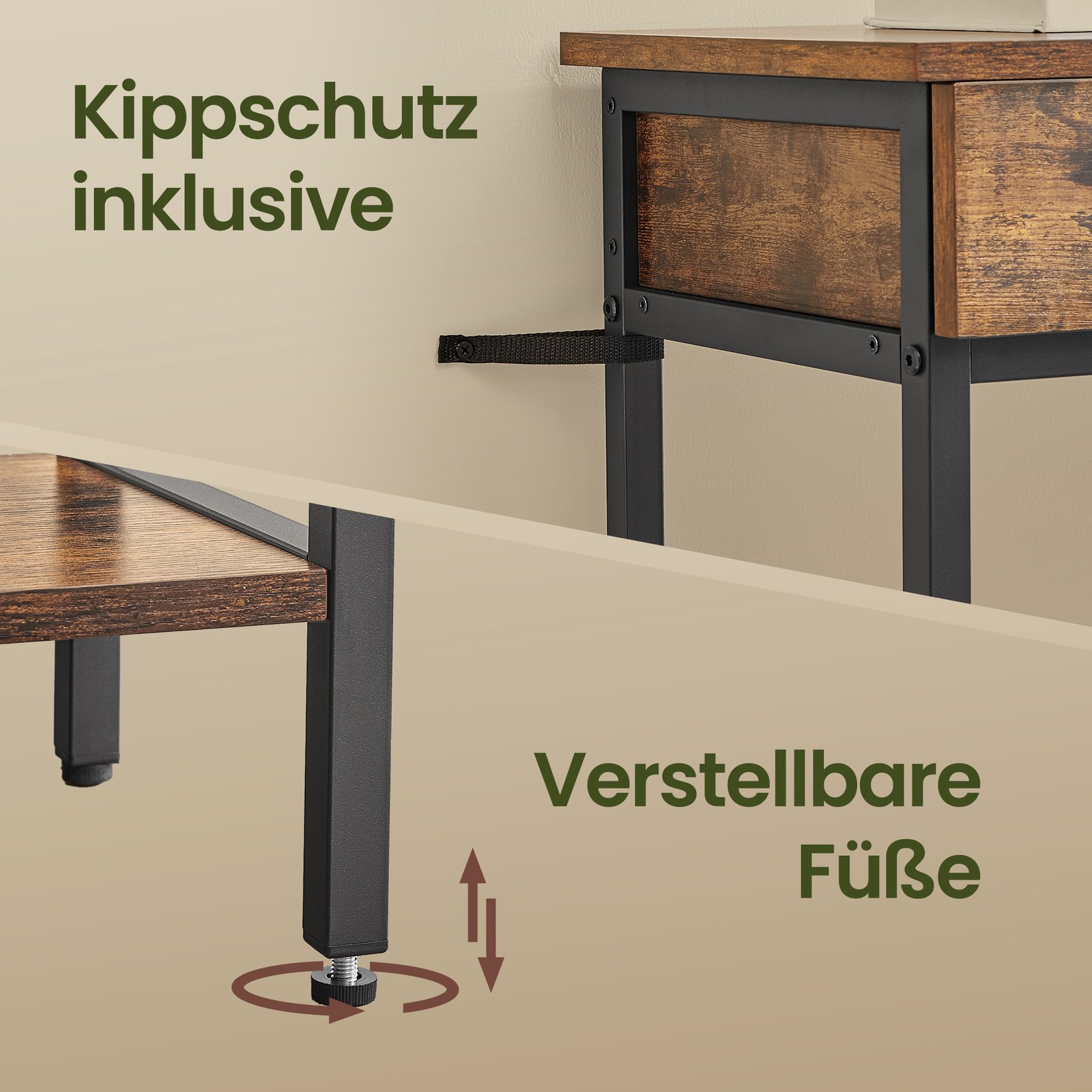 Konsolinis staliukas, 30 x 100 x 80 cm, su 2 stalčiais, medžio drožlių plokštė ir metalas - Image 6