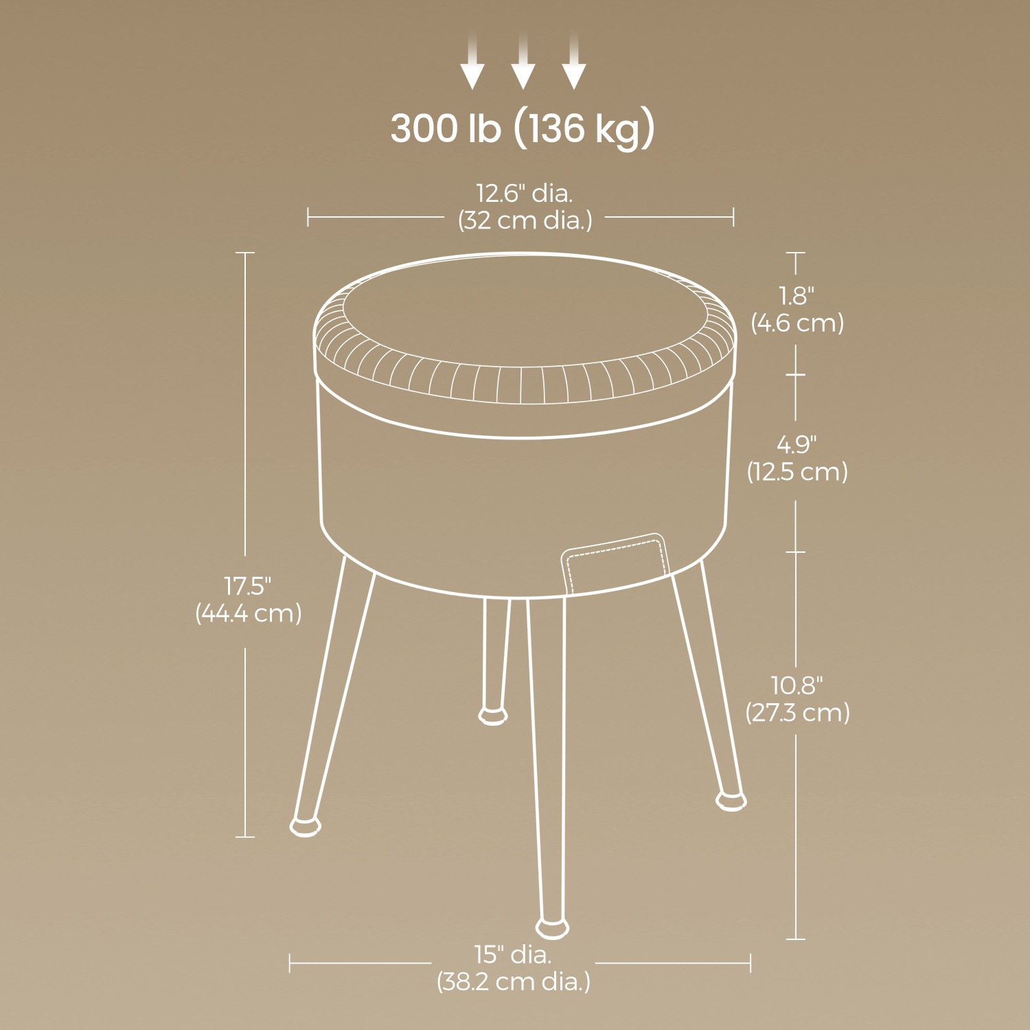Apaļš pufs ar glabāšanas nodalījumu, melns, tērauds un PU mākslīgā āda, Ø 38,2 cm, augstums 44,4 cm - Image 6