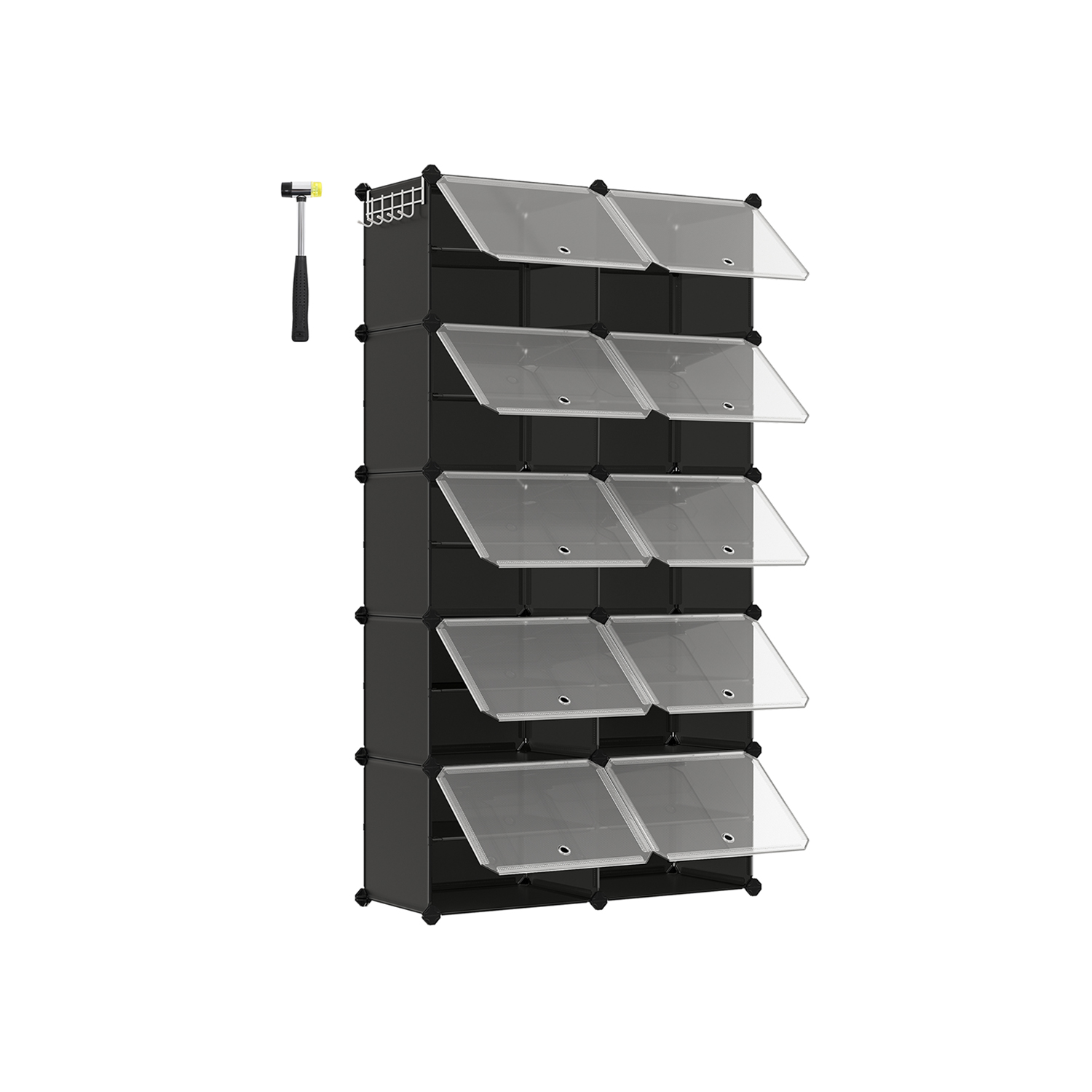 Apavu plaukts ar 10 nodalījumiem, melns, tērauda rāmis, plastmasa, 32 x 165 x 125 cm