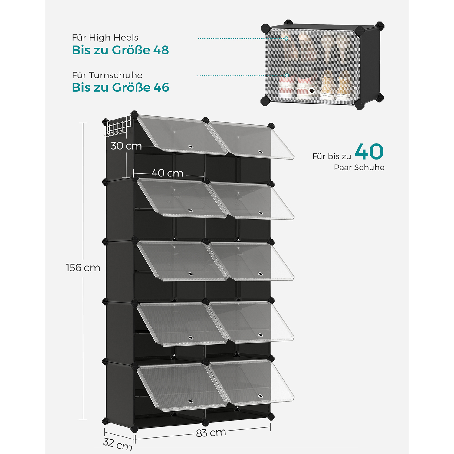 Apavu plaukts ar 10 nodalījumiem, melns, tērauda rāmis, plastmasa, 32 x 165 x 125 cm - Image 6