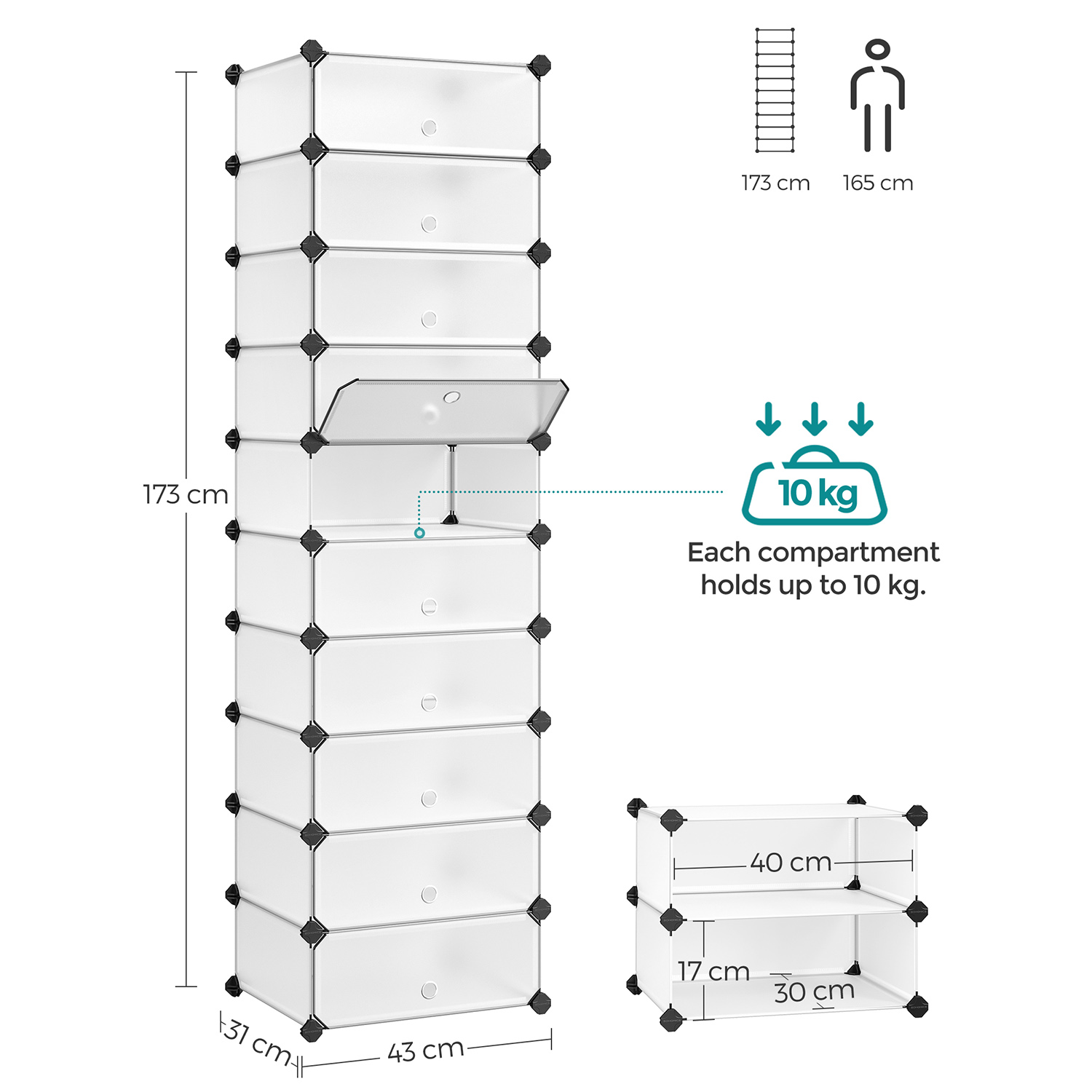 Apavu skapis ar durvīm, 10 nodalījumi, PP un ABS plastmasa, 43 x 173 x 31 cm, balts - Image 7