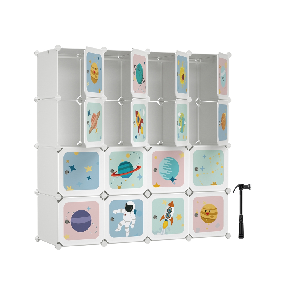 Laste plastist riidekapp 16 kuubi ja 4 riputustoruga, 123 x 41 x 123 cm, valge