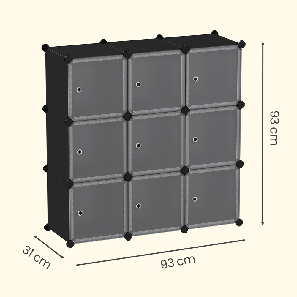 Batų lentyna su 9 kubais, plastikinė modulinė spinta su durimis, 93 x 31 x 93 cm, juoda - Image 3