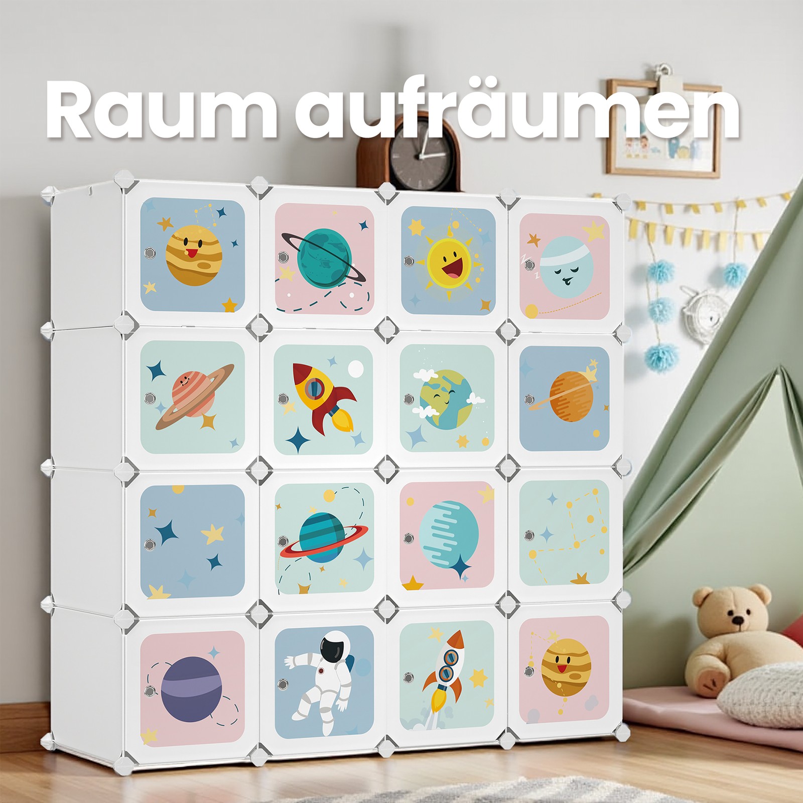 Lasten muovinen vaatekaappi, 16 lokeroa, 4 vaatetankoa, 123 x 41 x 123 cm, valkoinen - Image 2