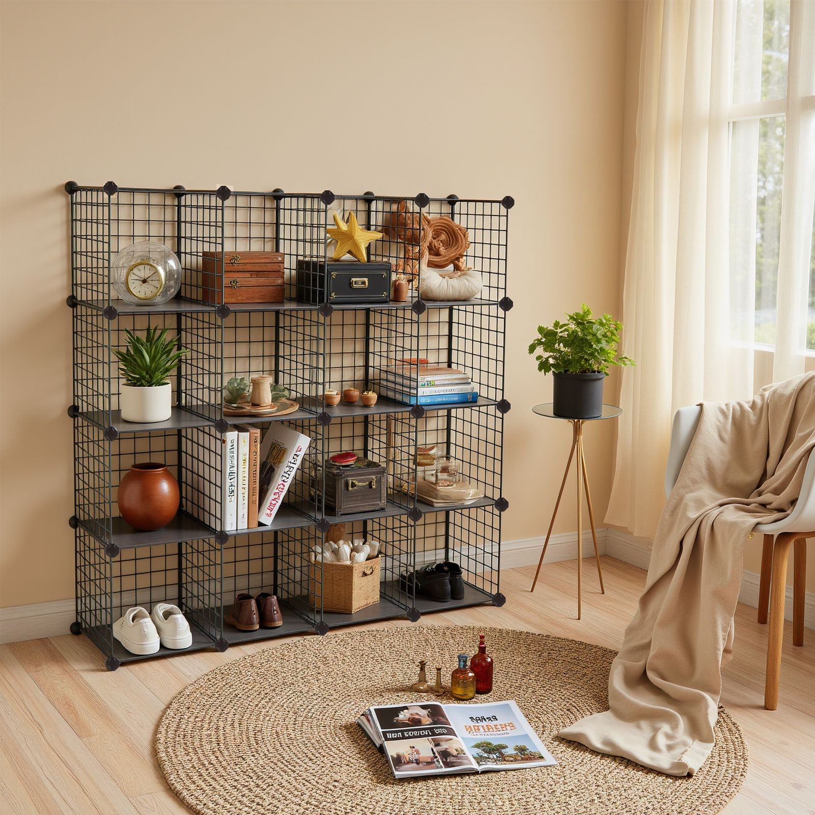 Modulaarne hoiuriiul 16 kuubiga, must, 123 x 31 x 123 cm