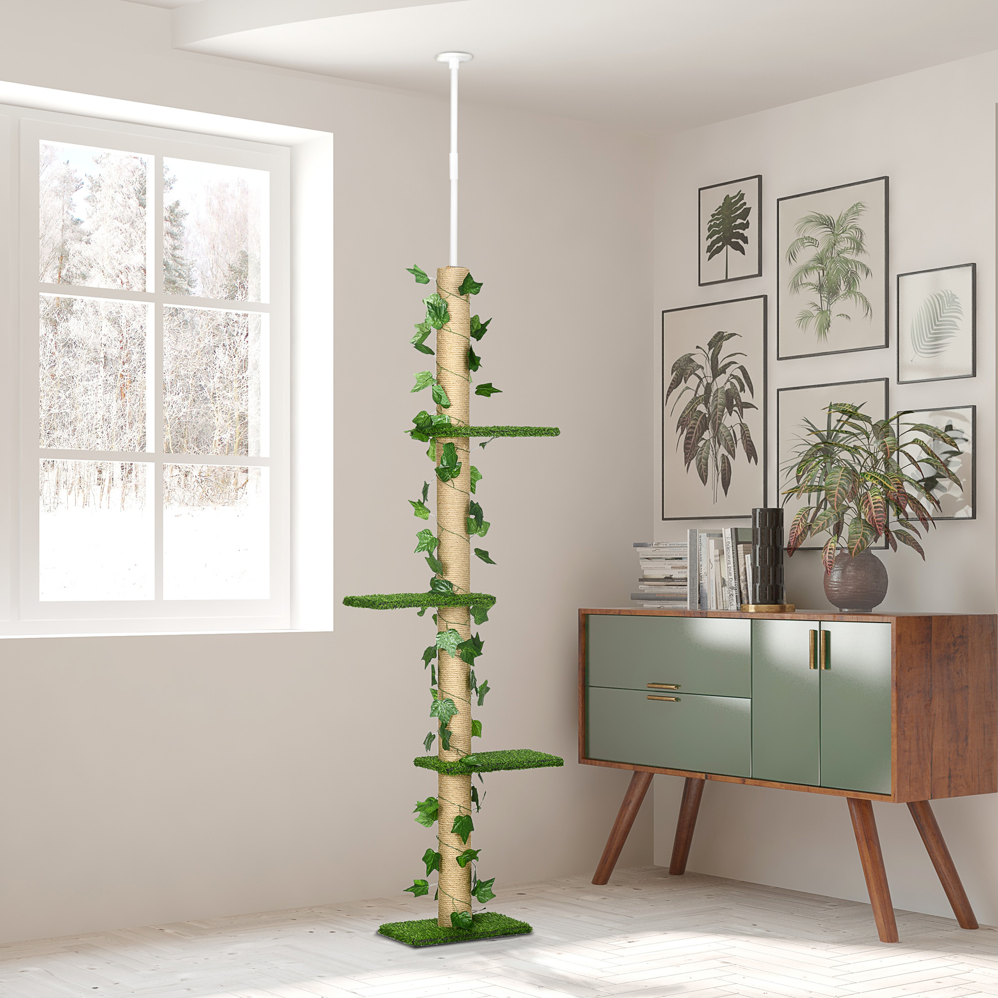 Säädettävä kissapuu, 202-242 cm, liukumaton, juuttipylväät, lastulevyä, vihreä/keltainen - Image 2
