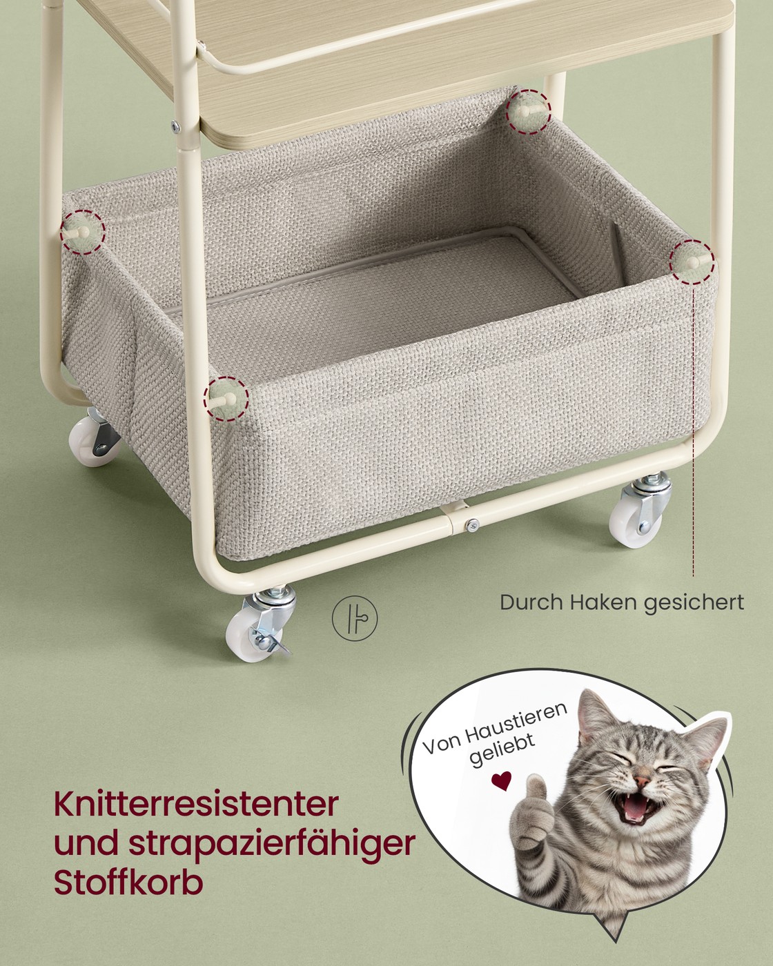 Pyörillä liikkuva tarjoiluvaunu kangaskorilla, 3 tasoa, luonnonbeige ja kermanvalkoinen - Image 3
