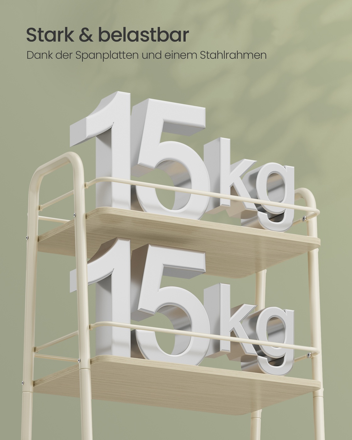 Pyörillä liikkuva tarjoiluvaunu kangaskorilla, 3 tasoa, luonnonbeige ja kermanvalkoinen - Image 5