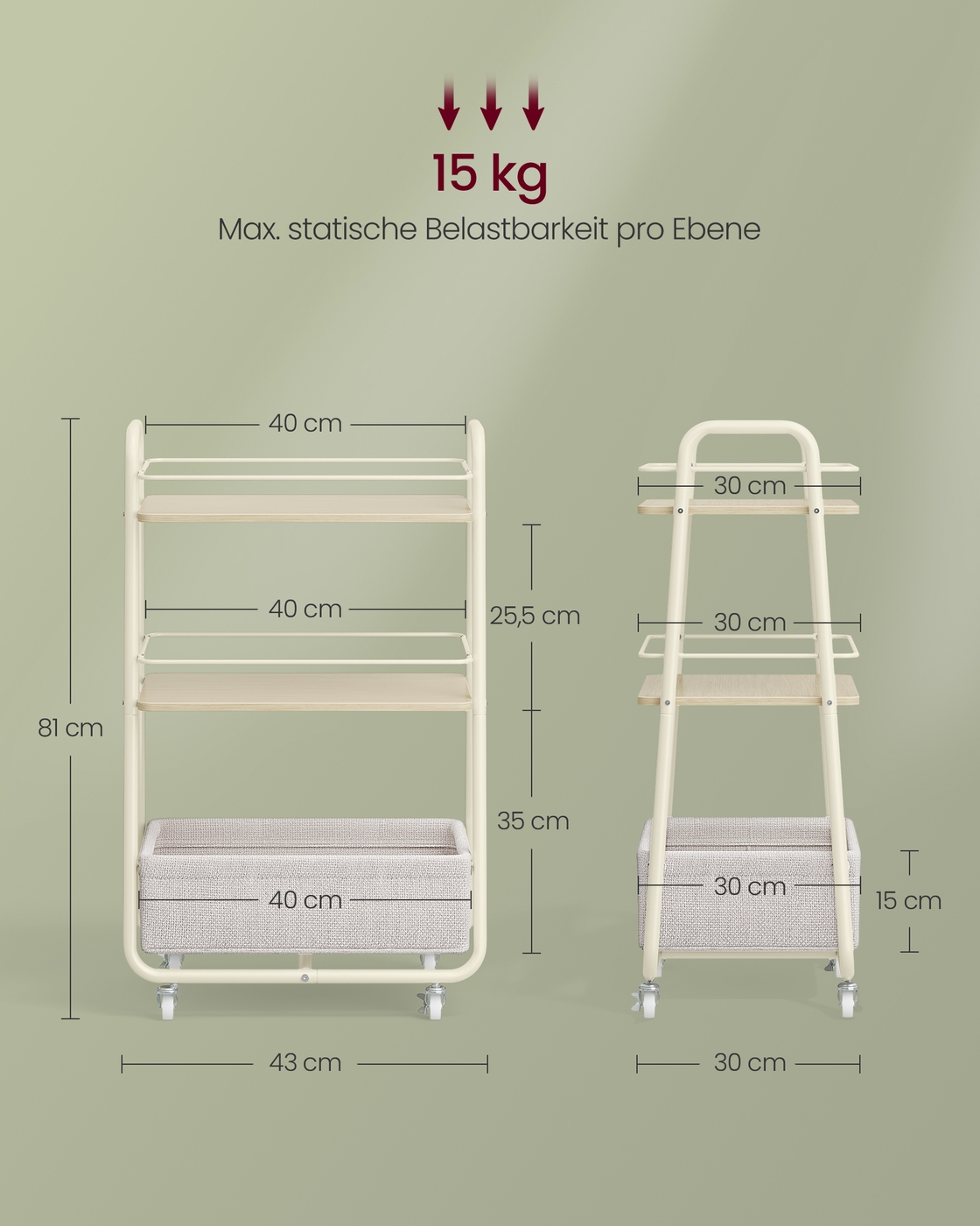 Pyörillä liikkuva tarjoiluvaunu kangaskorilla, 3 tasoa, luonnonbeige ja kermanvalkoinen - Image 7
