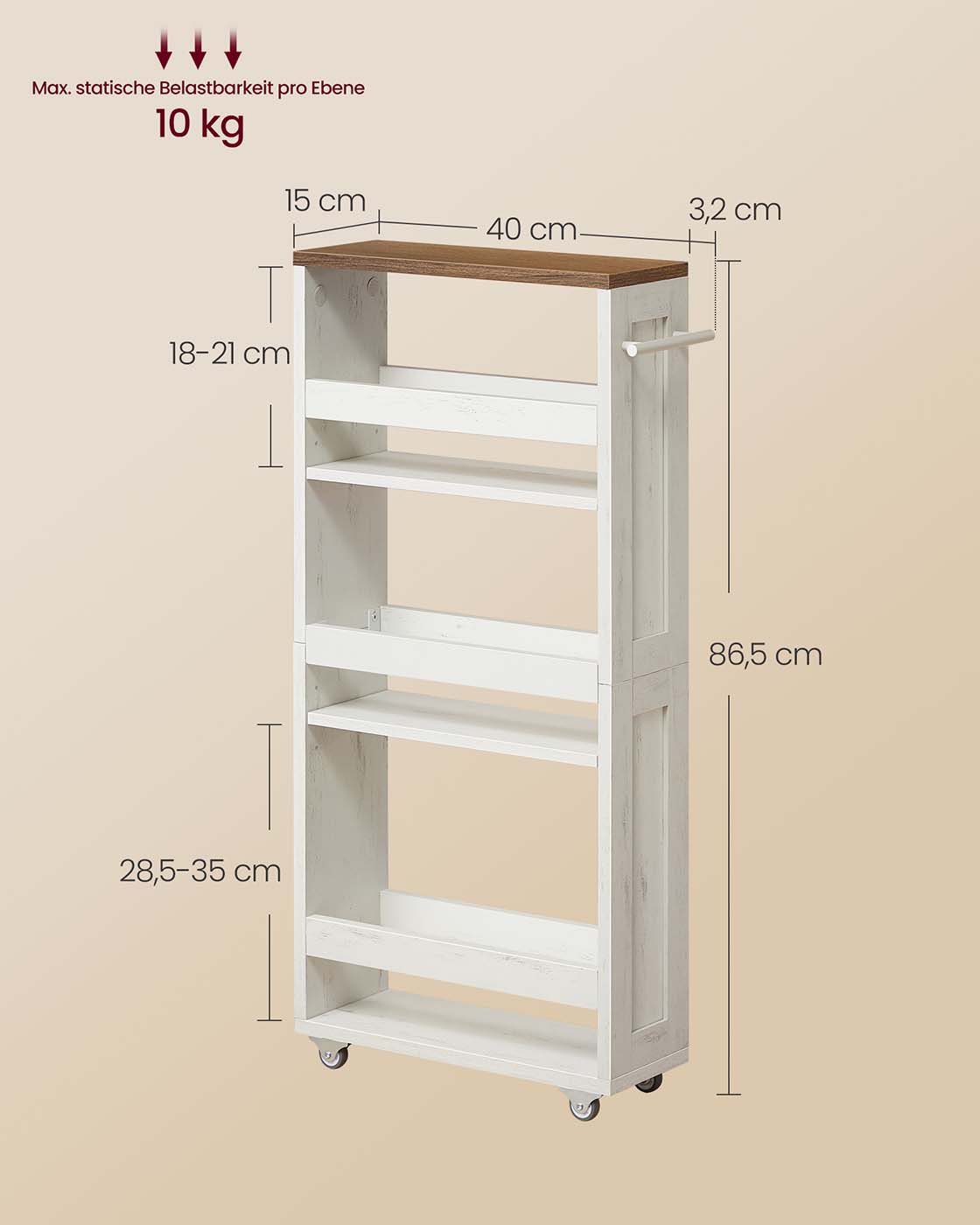 Šaurs ratiņplaukts ar 4 plauktiem un rokturi, 15 x 43,2 x 86,5 cm, balts/brūns - Image 6