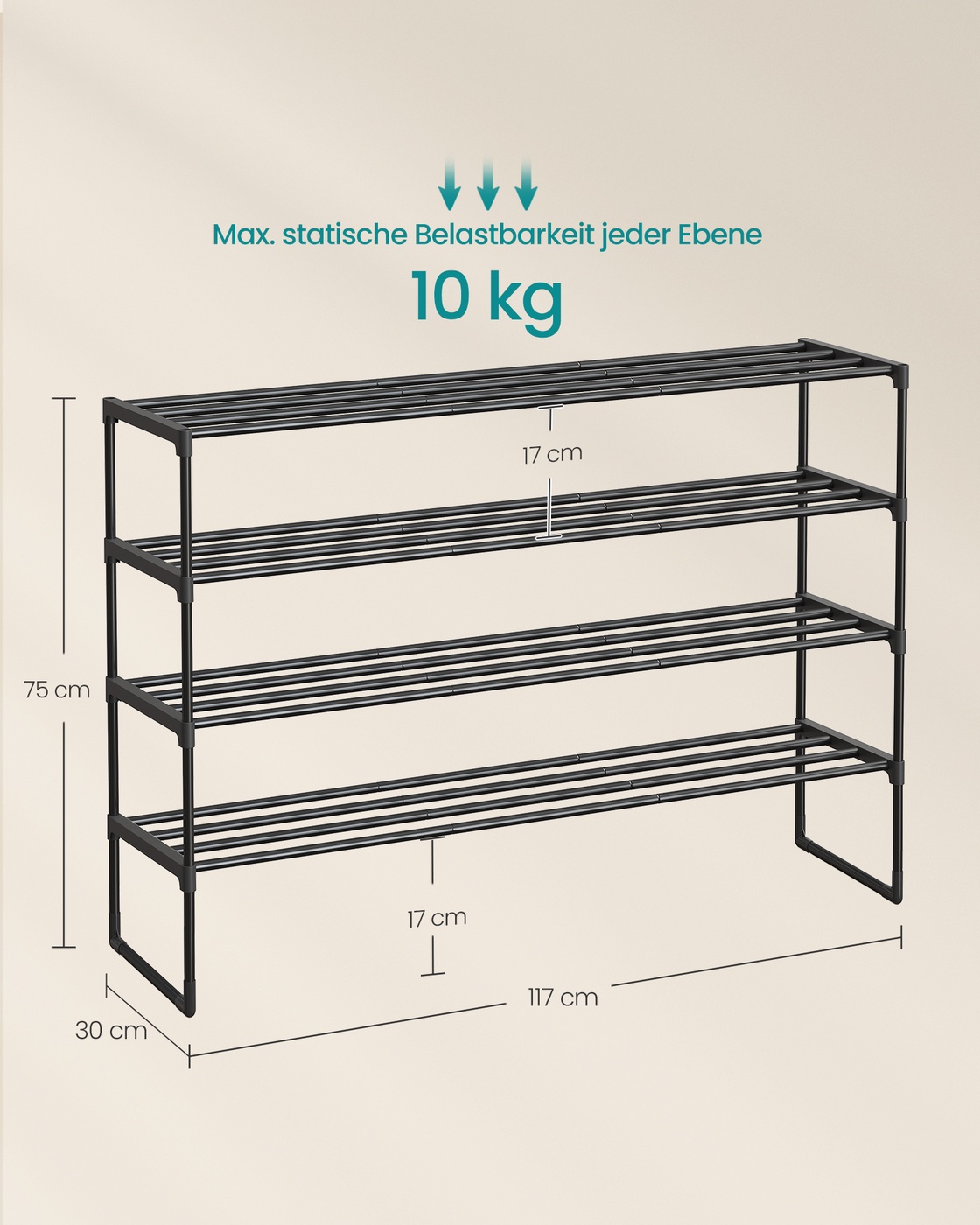 Apavu plaukts ar 4 līmeņiem, 25–30 pāriem, metāla, melns, 30 x 117 x 75 cm - Image 6
