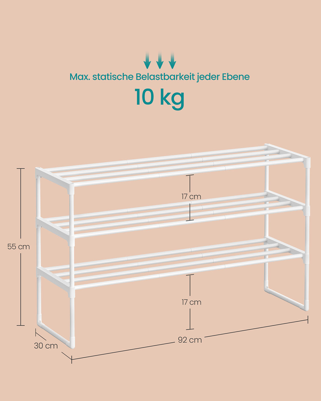 Apavu plaukts ar 3 līmeņiem, 16–20 pāriem, 30 x 92 x 55 cm, pērļbalts - Image 6