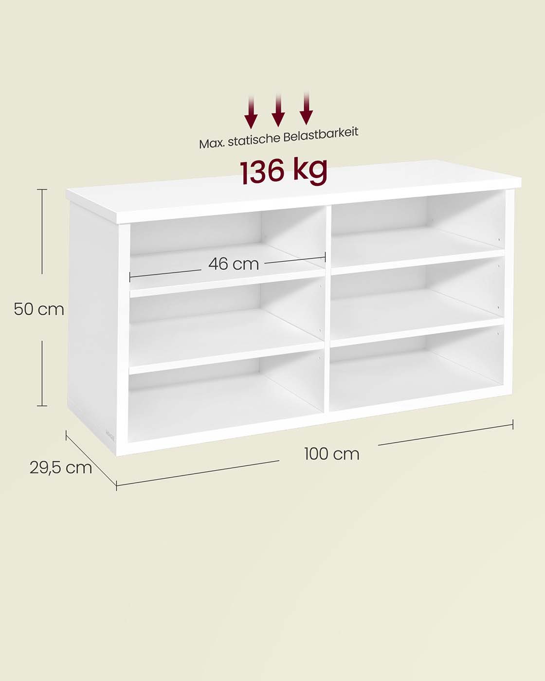 Apavu sols ar glabāšanas nodalījumu, 6 nodalījumi un regulējami plaukti, 29,5 x 100 x 50 cm, balts - Image 5