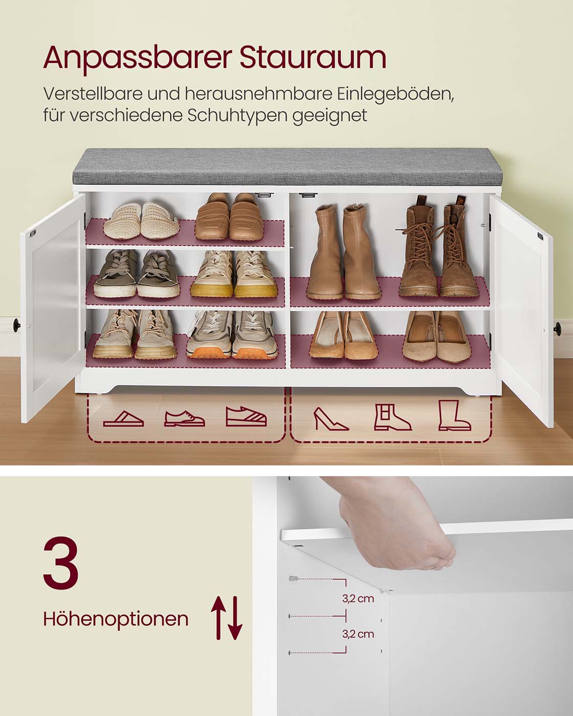 Batų suoliukas su daiktadėže, 3 lygių, su durimis, pagalvėle ir reguliuojamomis lentynomis - Image 4