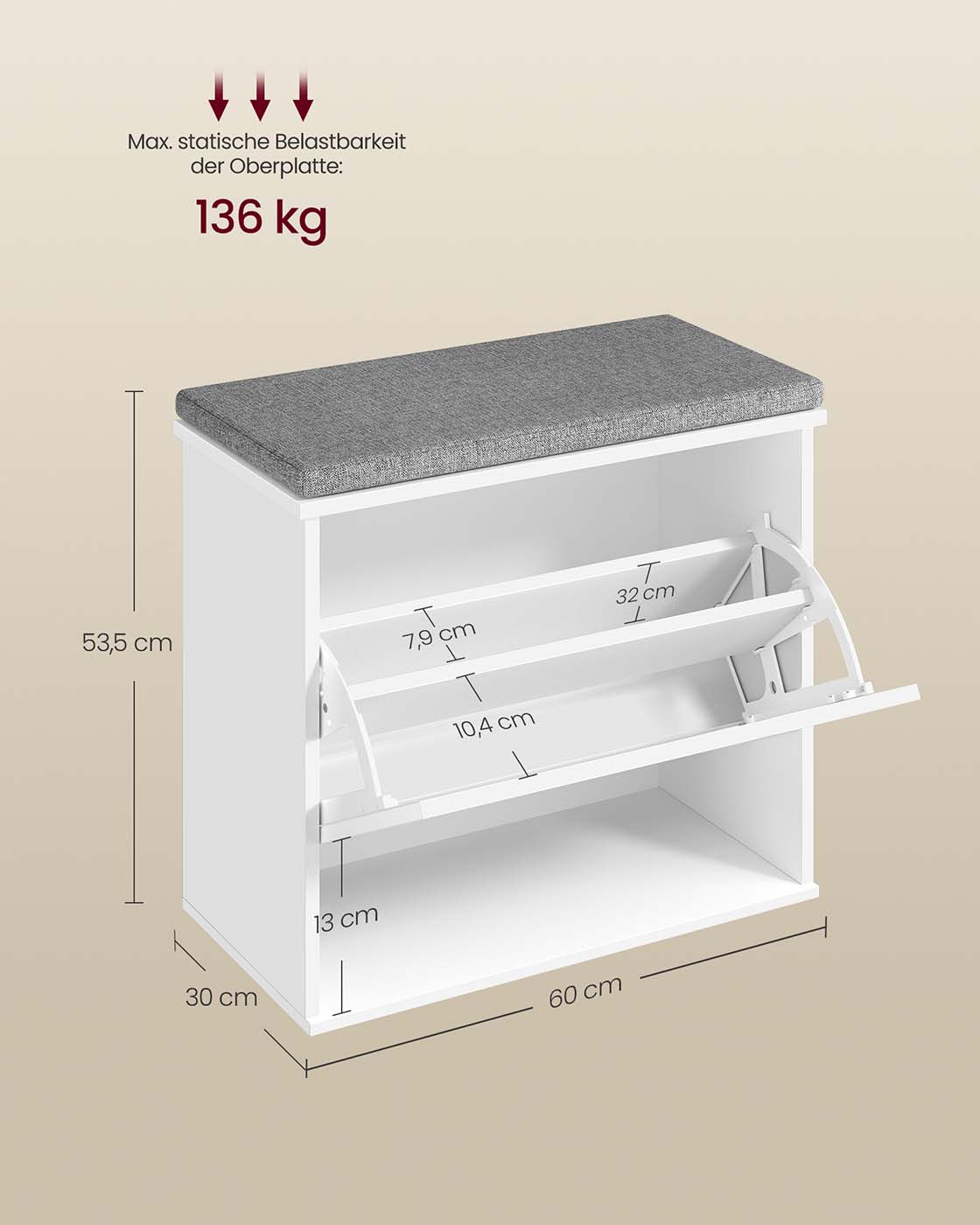 Kenkäpenkki istuintyynyllä, 3 tasoa, 6 parille, 30 x 60 x 53,5 cm, valkoinen-harmaa - Image 6