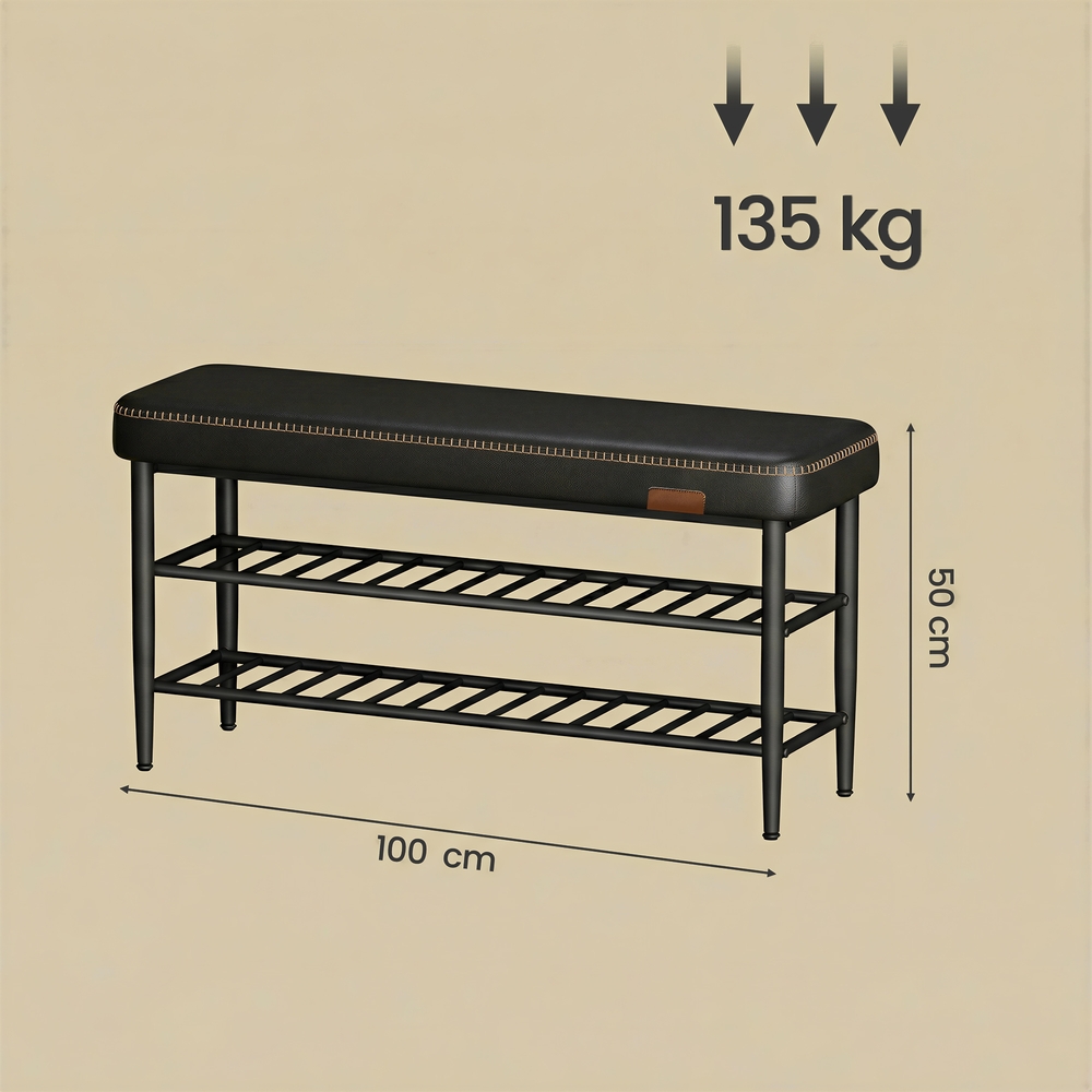 Kenkäpenkki, musta, PU-keinonahkaa ja koristetikkaukset, 30 x 100 x 50 cm - Image 5