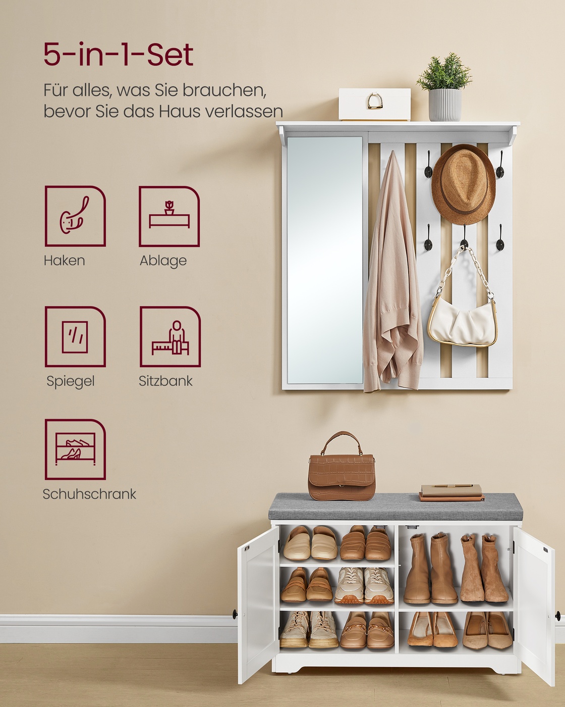 Priekšnama komplekts ar apavu soliņu, sienas pakaramo un spoguli, 81–82 cm, balts - Image 3