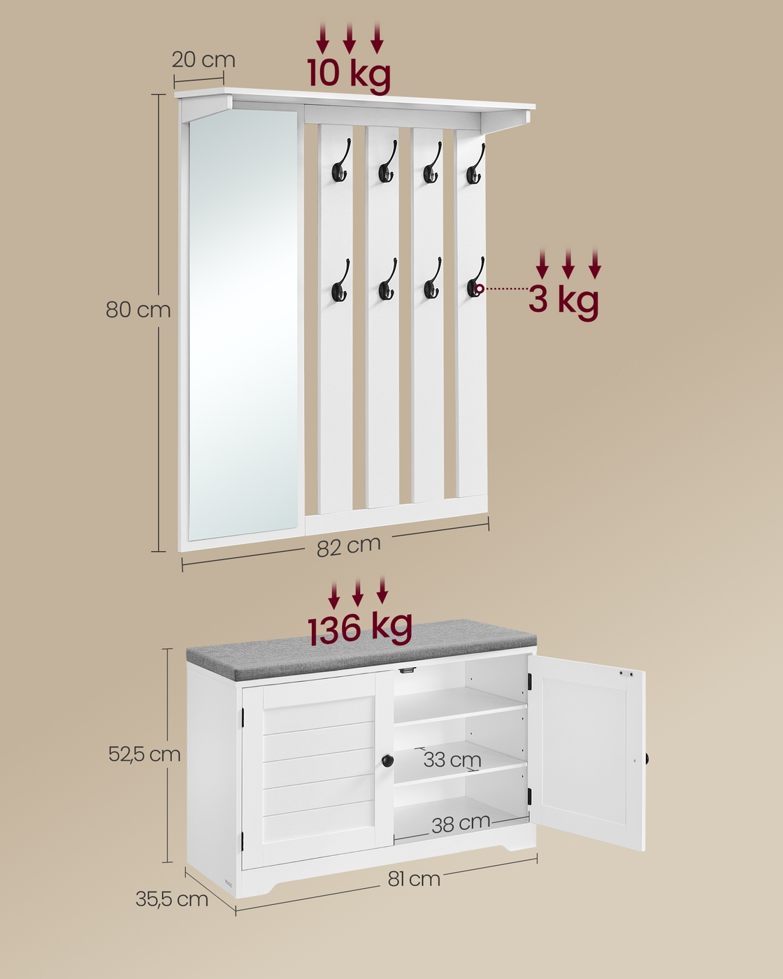 Priekšnama komplekts ar apavu soliņu, sienas pakaramo un spoguli, 81–82 cm, balts - Image 6