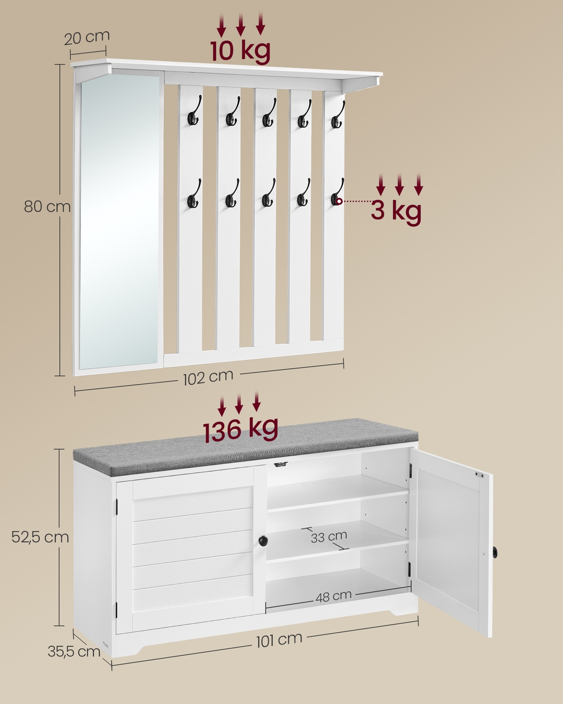 Priekšnama komplekts ar apavu soliņu un sienas pakaramo, 101 cm, balts - Image 6