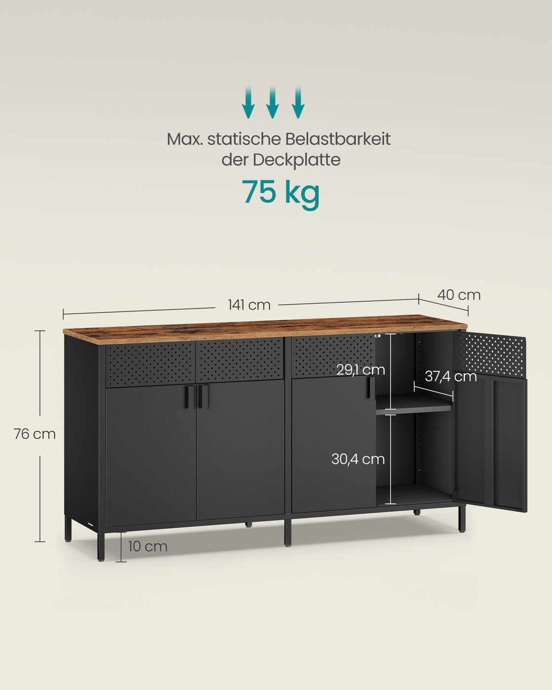 Säilytyskaappi 4 ovella, 40 x 141 x 76 cm, musta ja ruskea - Image 5