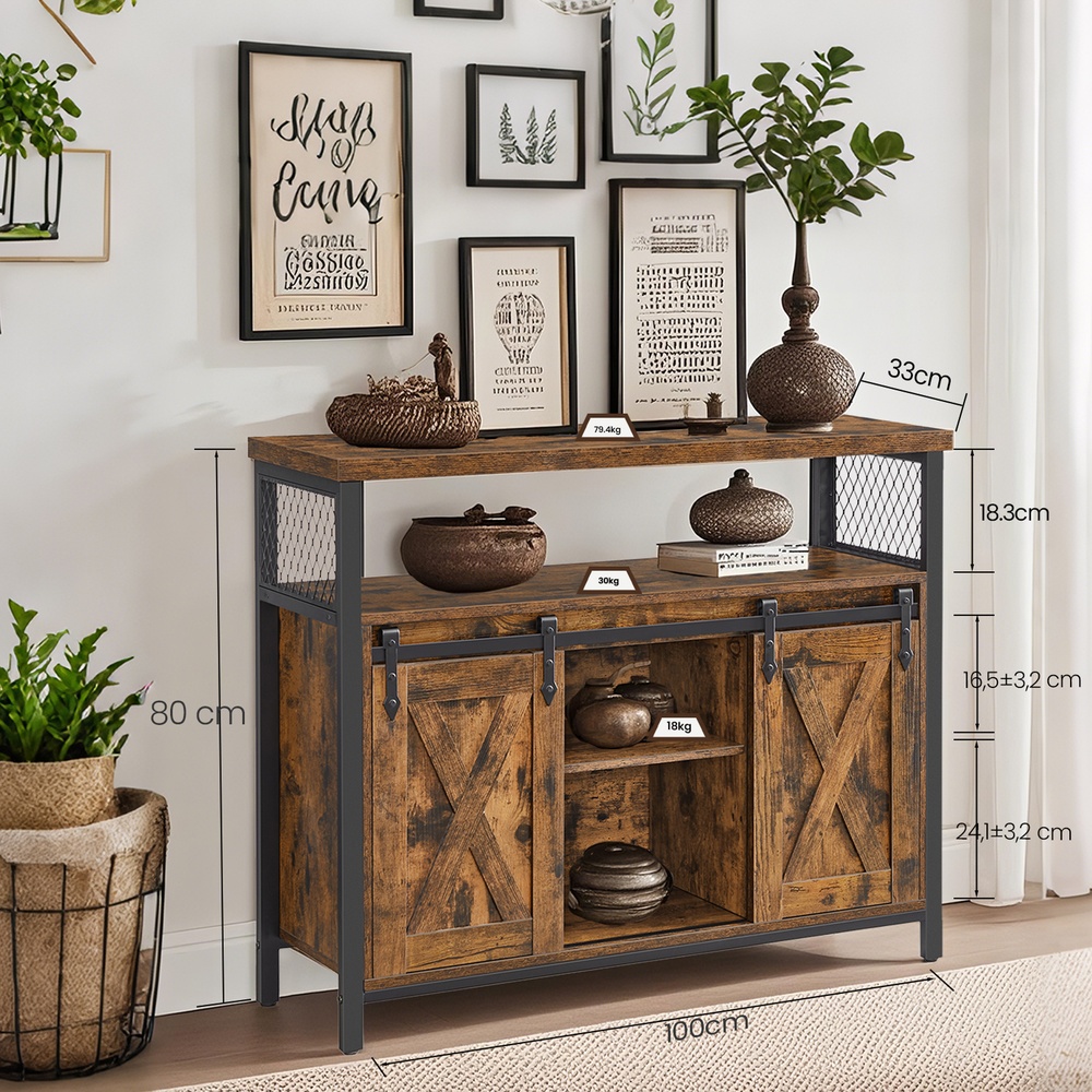 Bufete skapis ar 2 bīdāmām durvīm un regulējamiem plauktiem, 100 x 33 x 80 cm, brūns-melns - Image 5