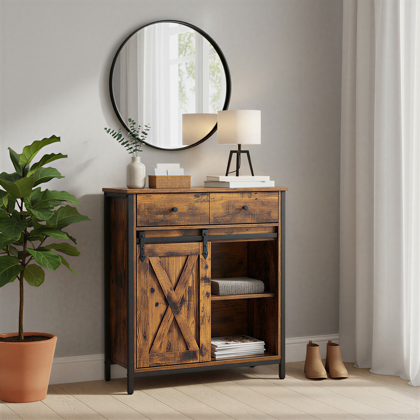 Virtuves skapītis ar bīdāmām durvīm, atvilktni un plauktu, 70 x 30 x 80 cm, brūns-melns - Image 4