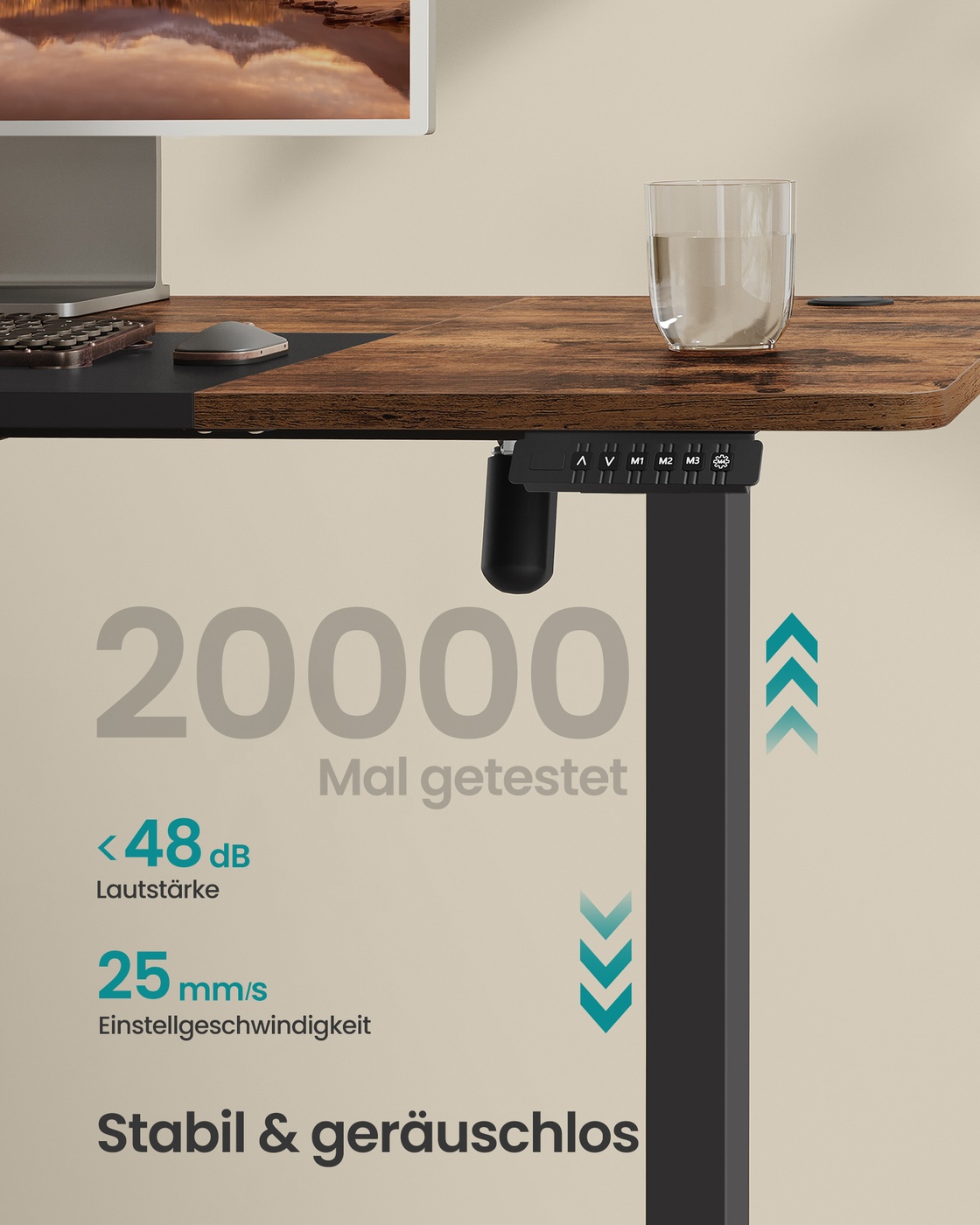 Reguliuojamo aukščio rašomasis stalas, elektrinis, 140 x 60 x 72–120 cm, vintažinės rudos-juodos spalvos - Image 3