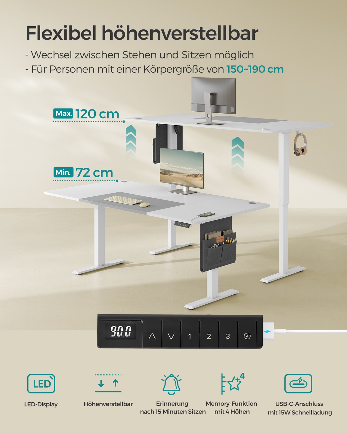 Elektriski regulējams rakstāmgalds, 180 x 80 x 72–120 cm, balts un pelēks - Image 3