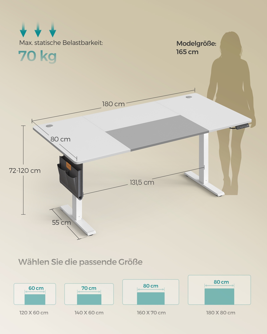 Elektriski regulējams rakstāmgalds, 180 x 80 x 72–120 cm, balts un pelēks - Image 6