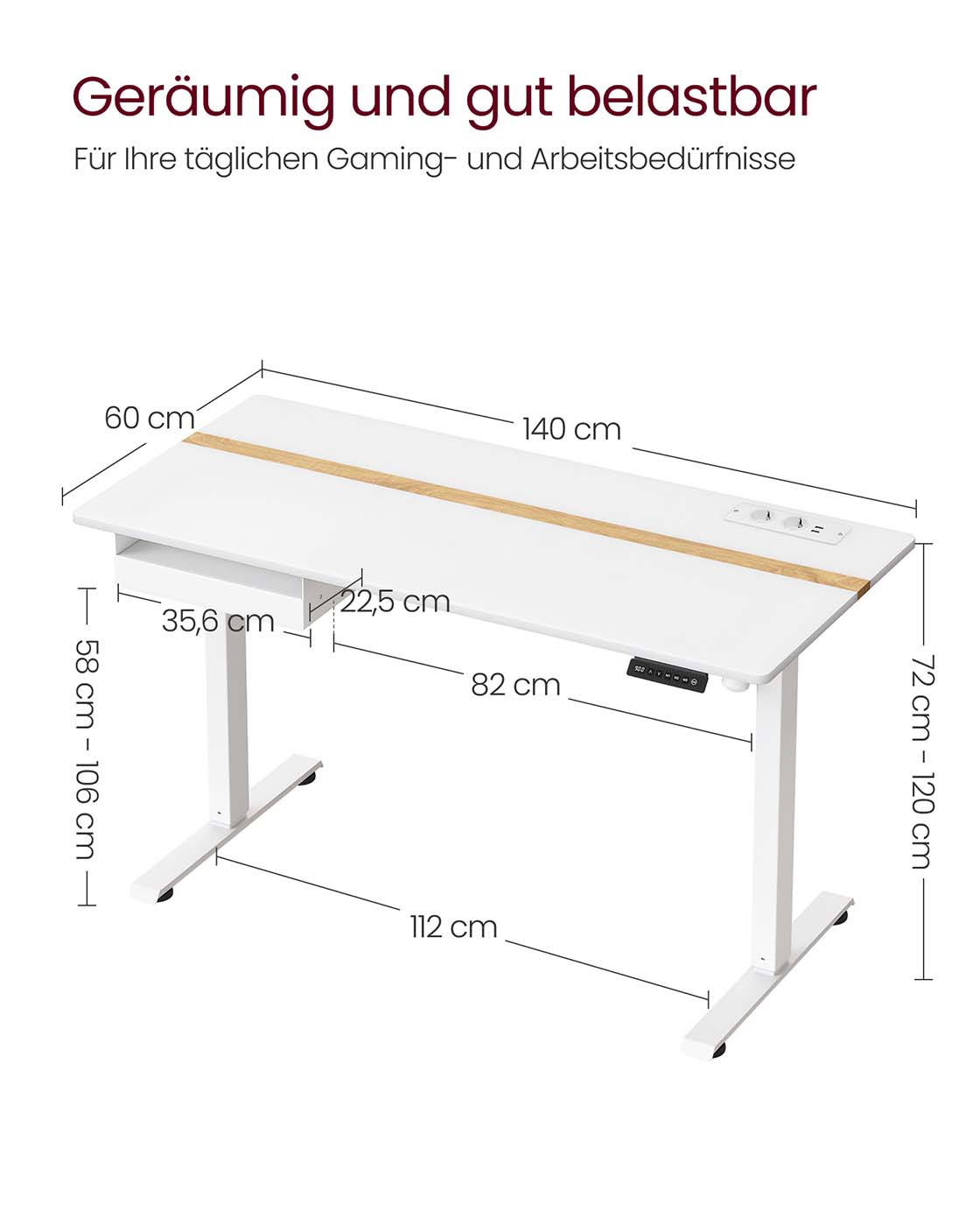 Sähkösäätöinen työpöytä laatikolla ja pistorasialla, 60 x 140 cm, valkoinen - Image 6