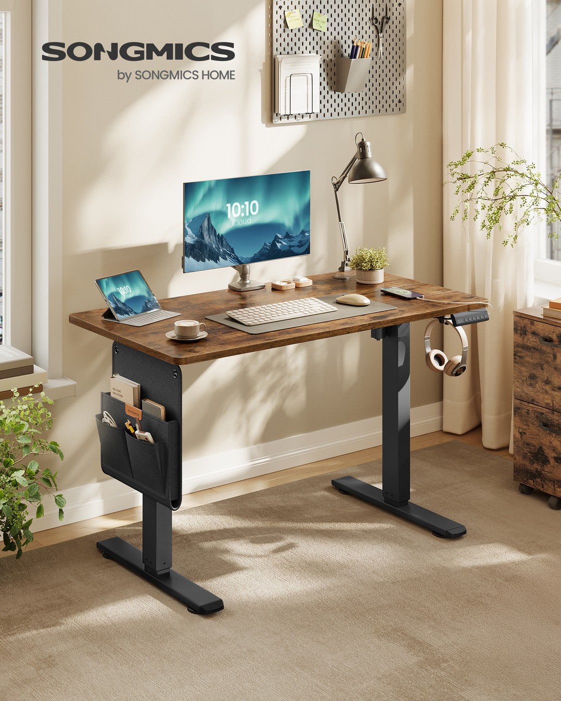 Elektrinis reguliuojamo aukščio rašomasis stalas, 100 x 60 x 72–120 cm, vintažinės rudos spalvos - Image 2