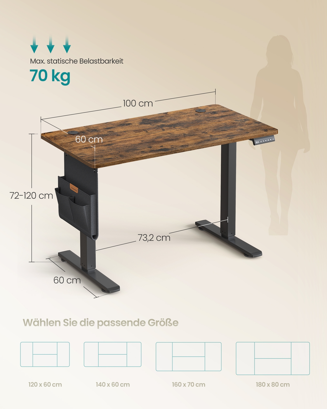 Elektrinis reguliuojamo aukščio rašomasis stalas, 100 x 60 x 72–120 cm, vintažinės rudos spalvos - Image 7