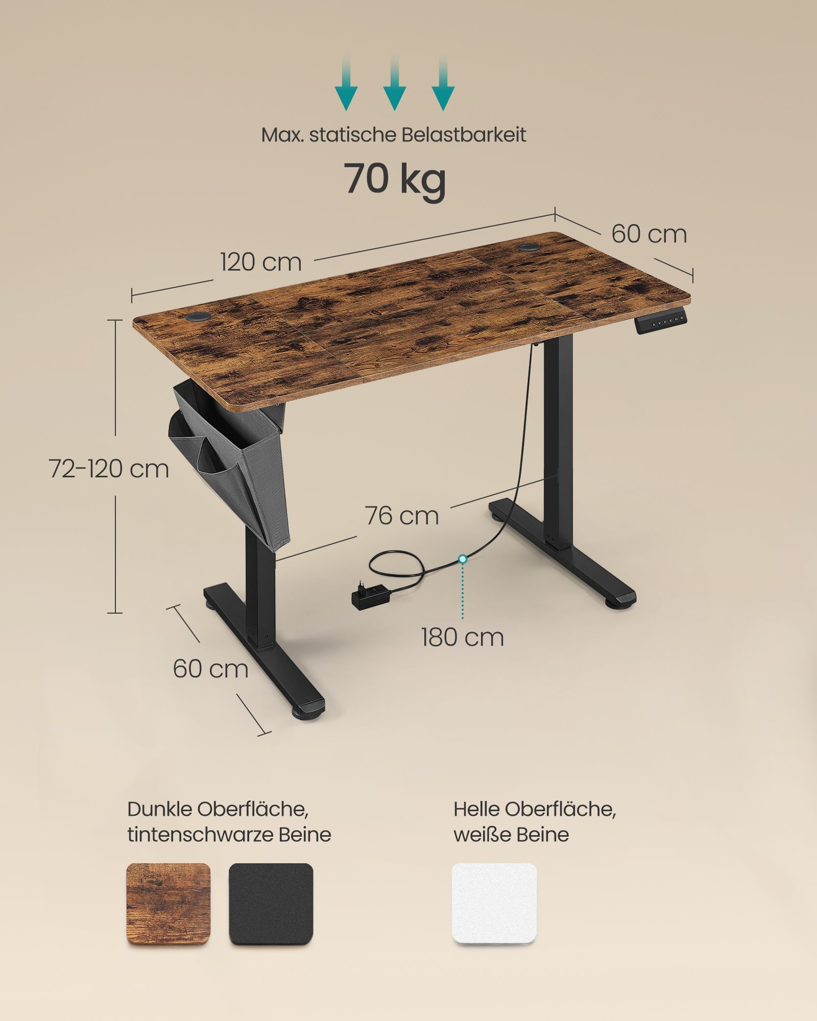 Elektriski regulējams rakstāmgalds, 60 x 120 x 72–120 cm, brūns/melns - Image 5