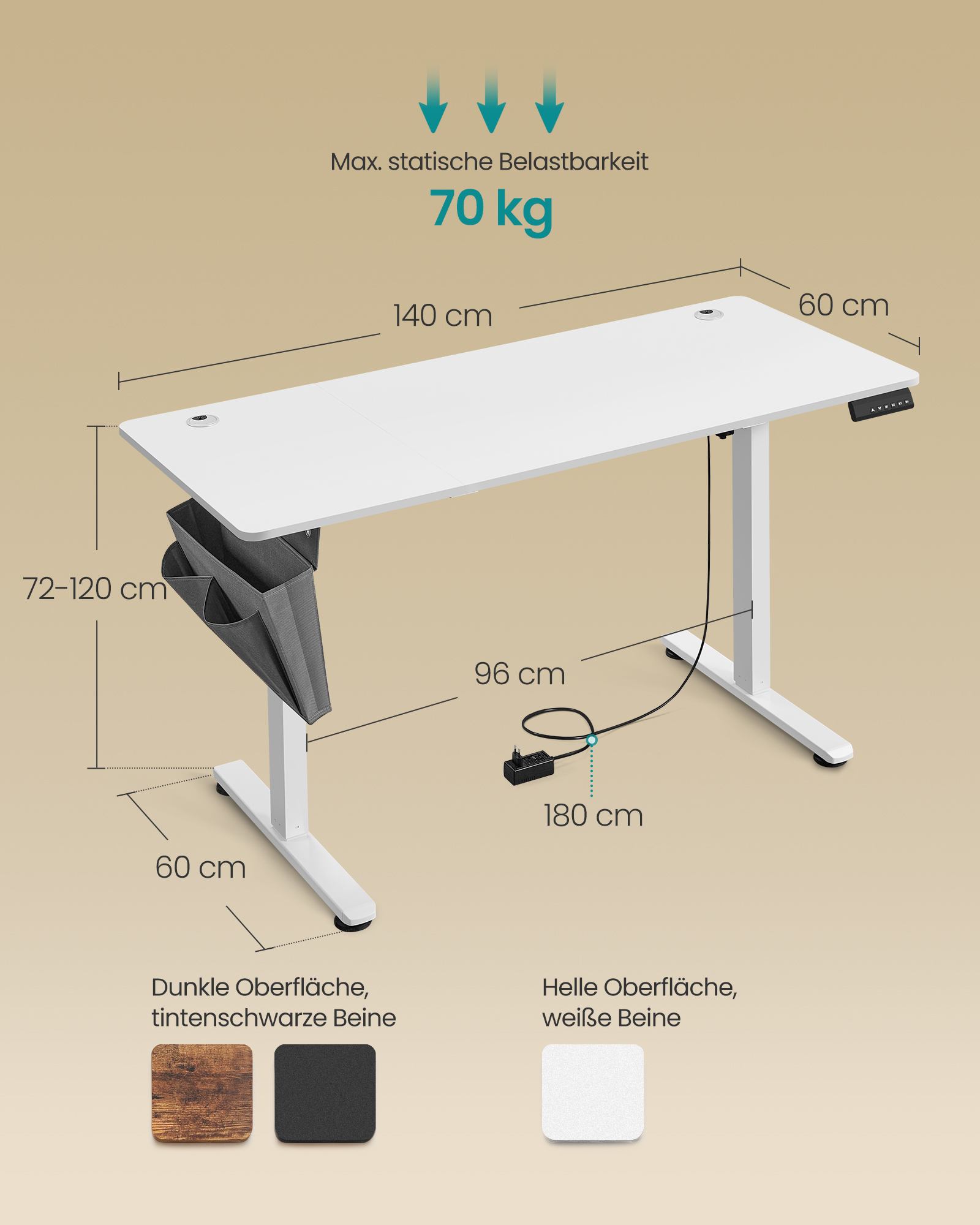 Elektra reguliuojamo aukščio rašomasis stalas, 60 x 140 x 72–120 cm, baltas - Image 5