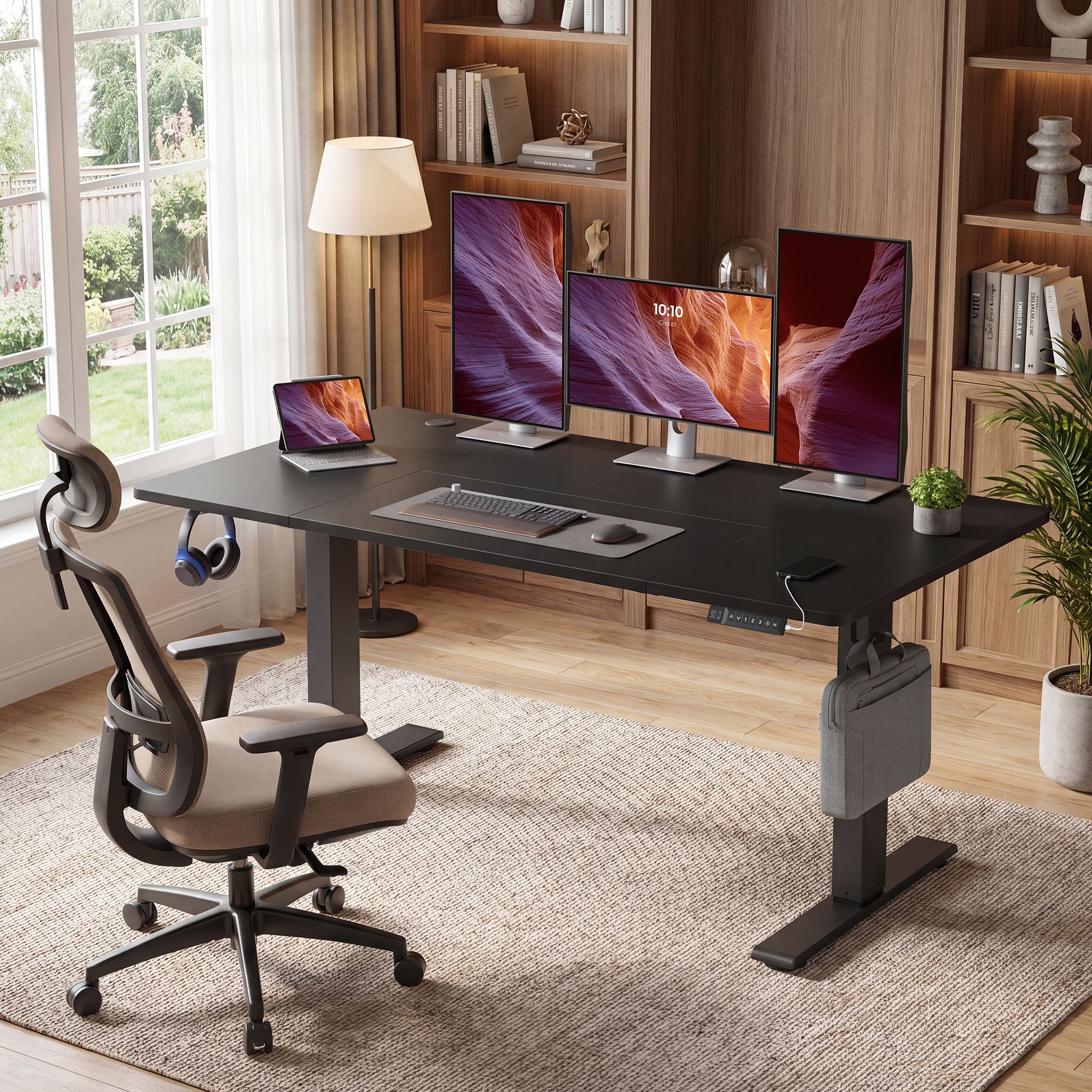 Sähkösäätöinen työpöytä, 140 x 80 cm, musta, USB-C-liitännällä ja kaapelinhallinnalla - Image 4