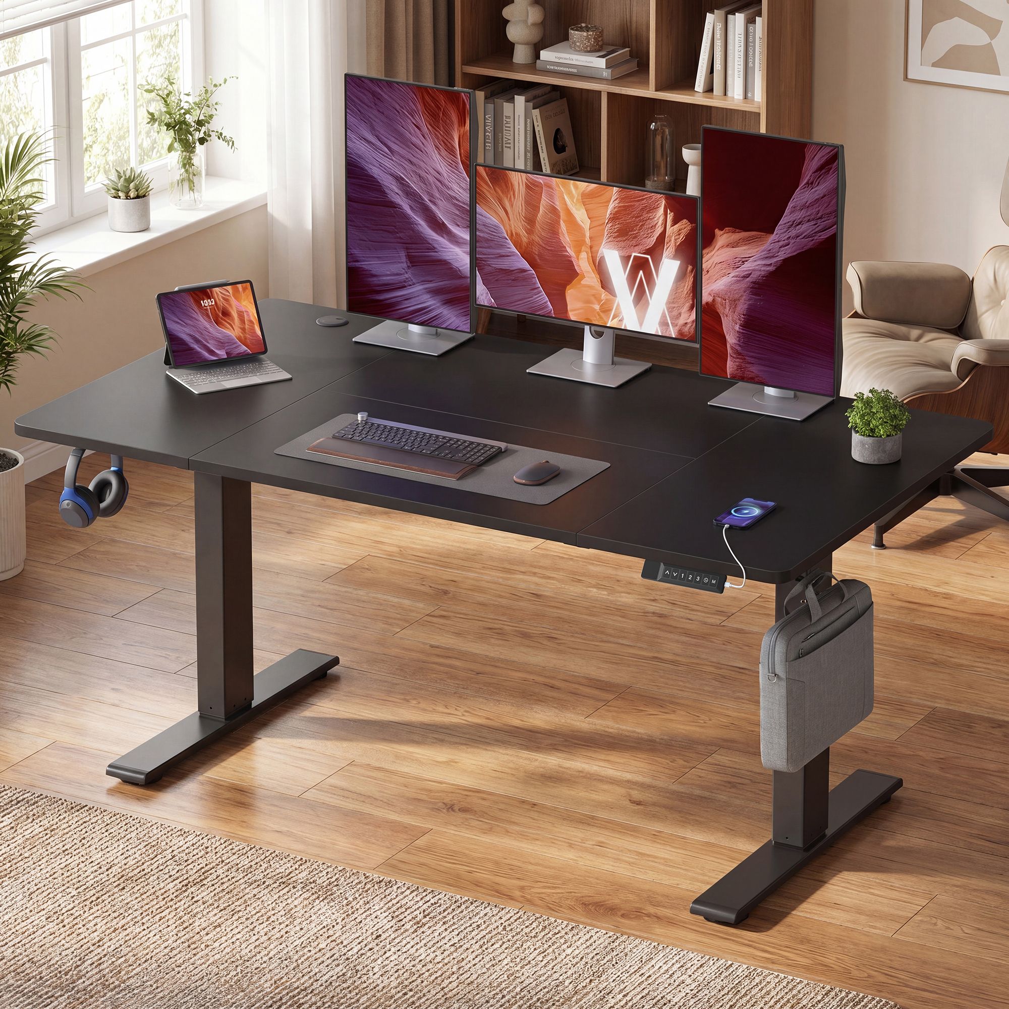 Sähkösäätöinen työpöytä, 140 x 80 cm, musta, USB-C-liitännällä ja kaapelinhallinnalla - Image 5